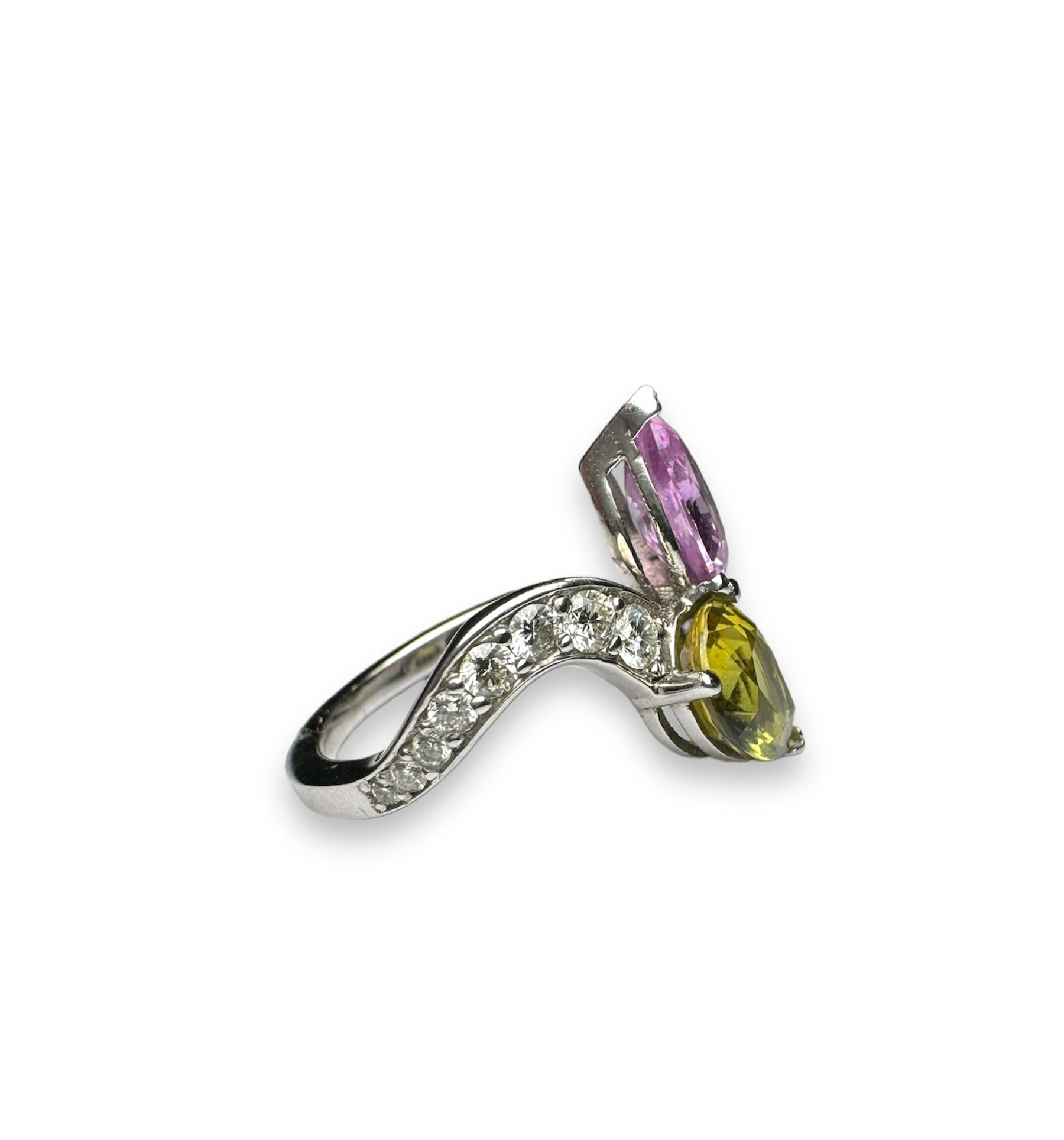 Purplish Pink Sapphire and Yellow Stone Ring