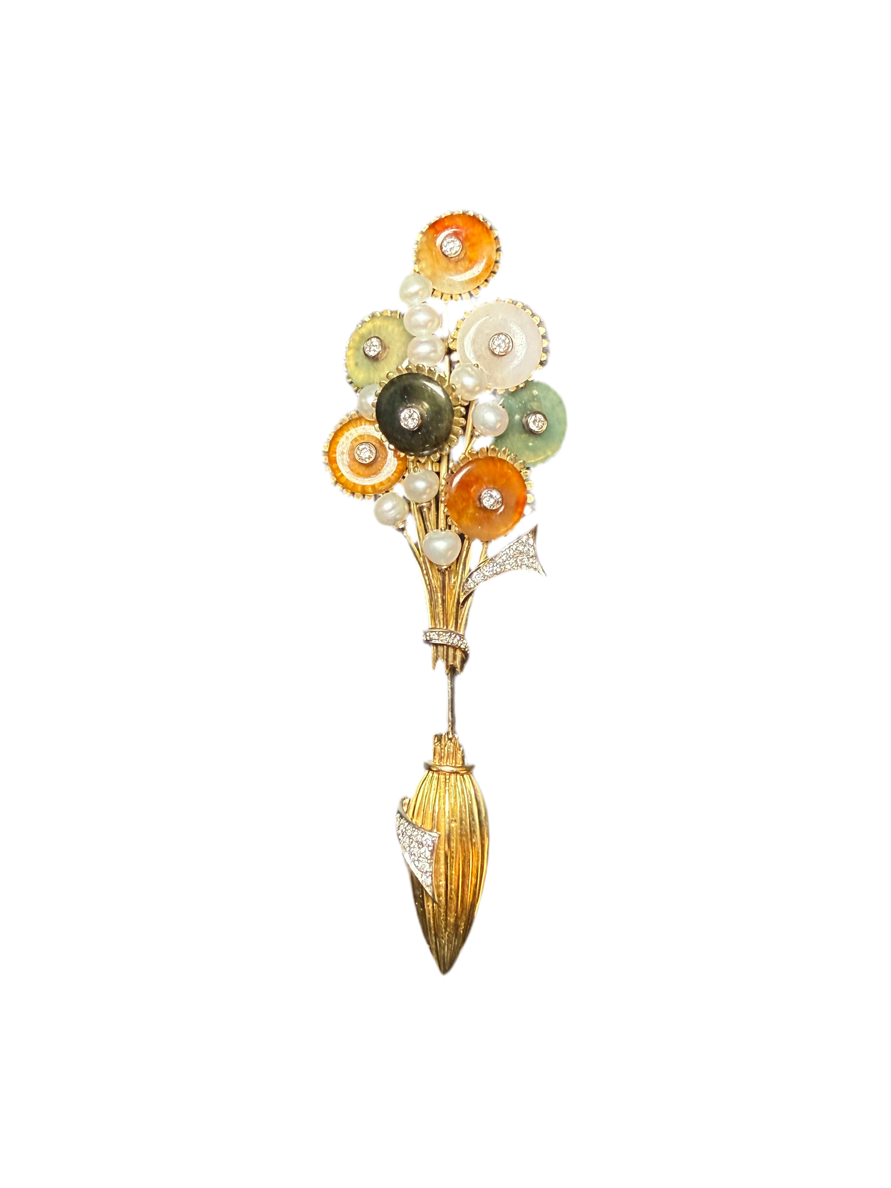 Antique Floral Brooch – 25.5g, 18K Gold with Jade, Pearls and Diamonds