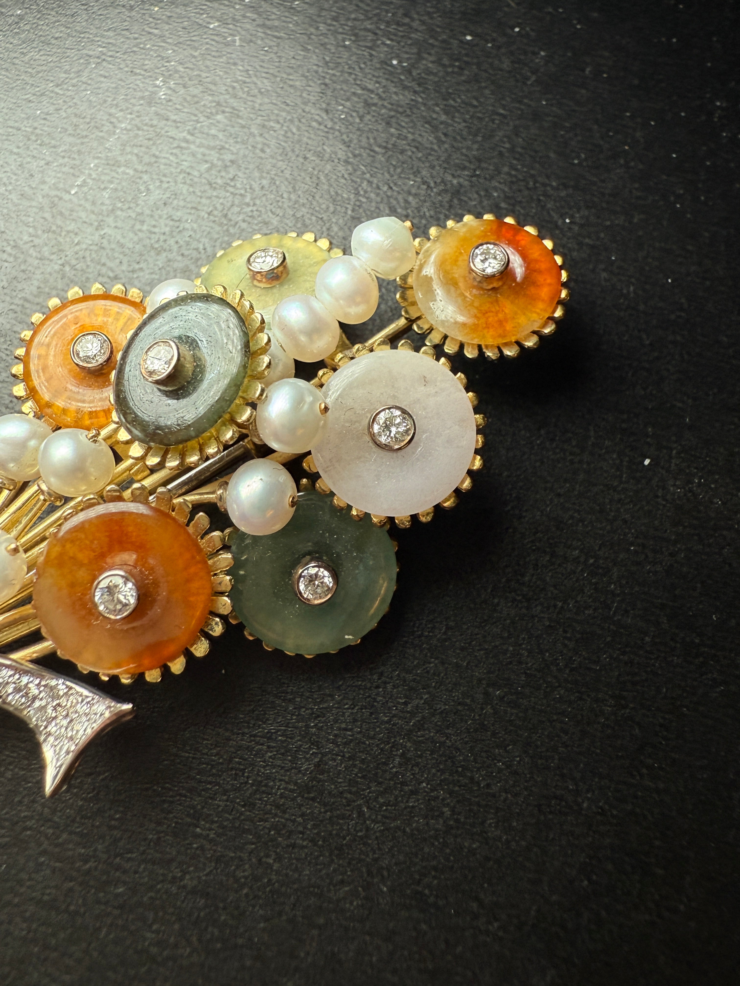 Antique Floral Brooch – 25.5g, 18K Gold with Jade, Pearls and Diamonds