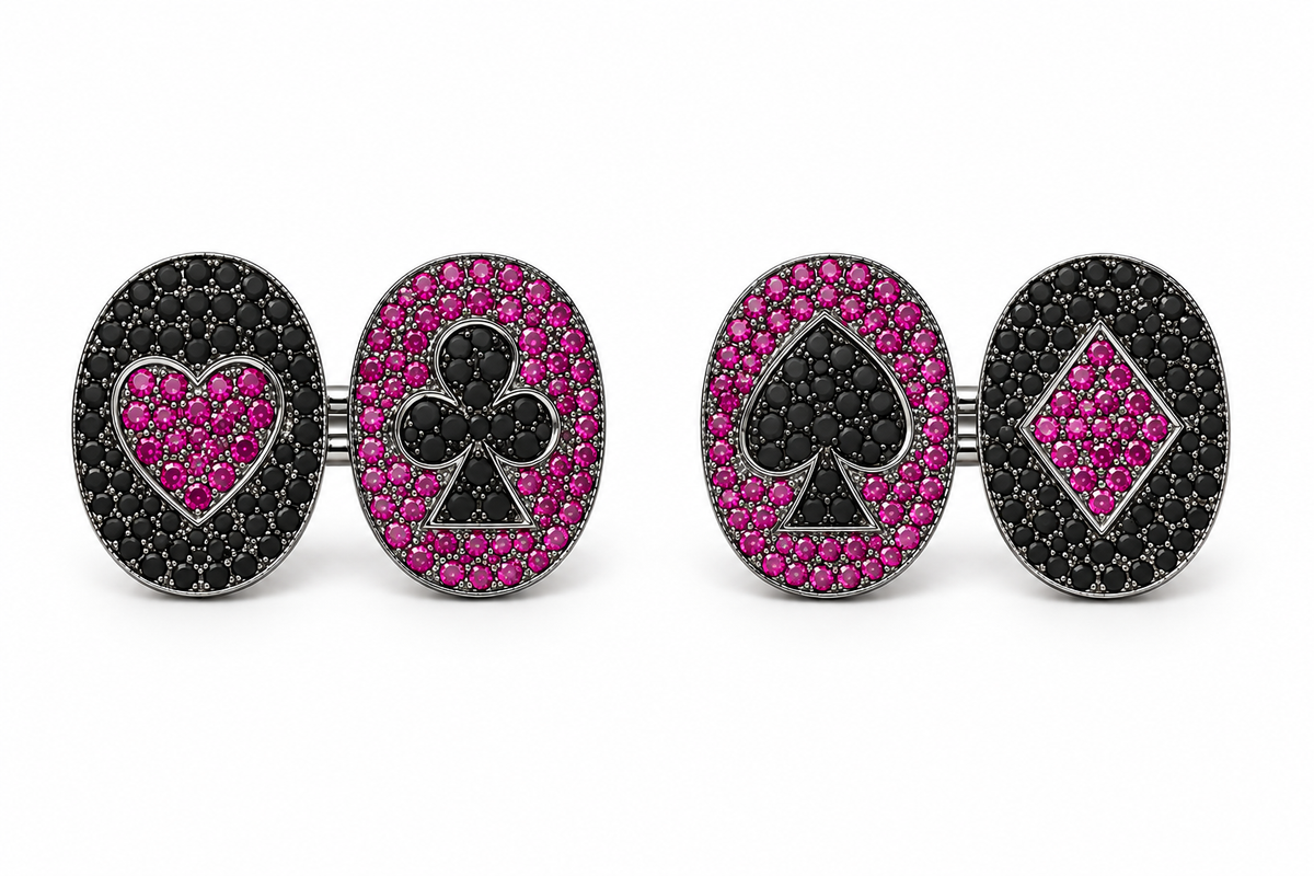 Ruby & Black Diamond Playing Card Cufflinks in 18K Gold – 8.7g