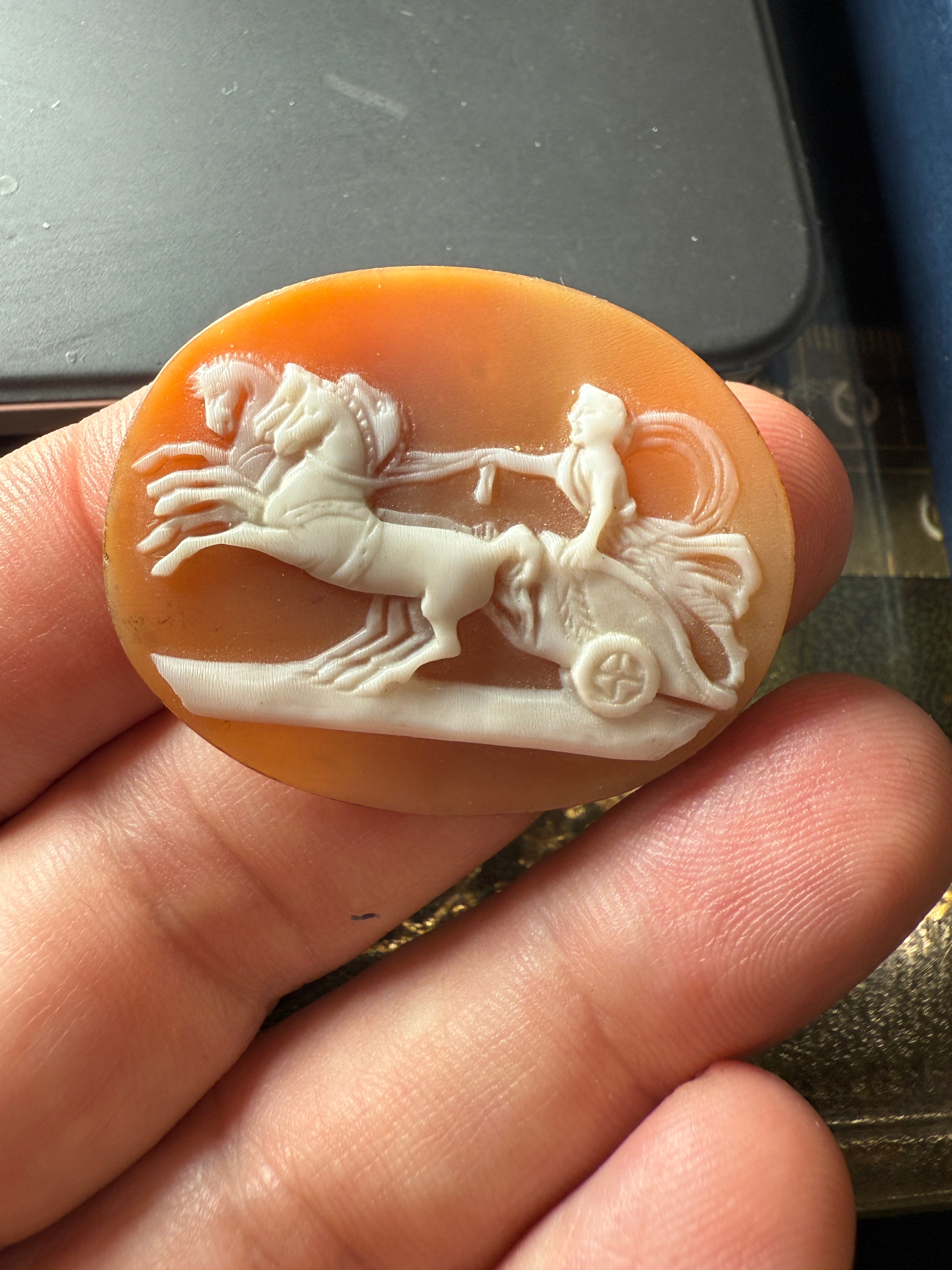 Antique Shell Cameo – Roman Charioteer Scene