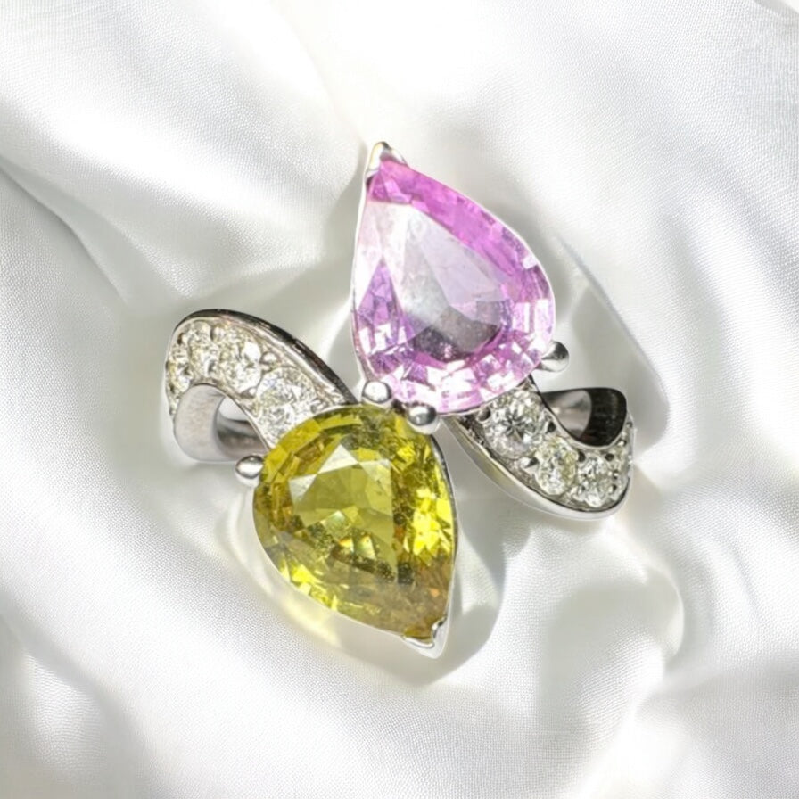 Purplish Pink Sapphire and Yellow Stone Ring