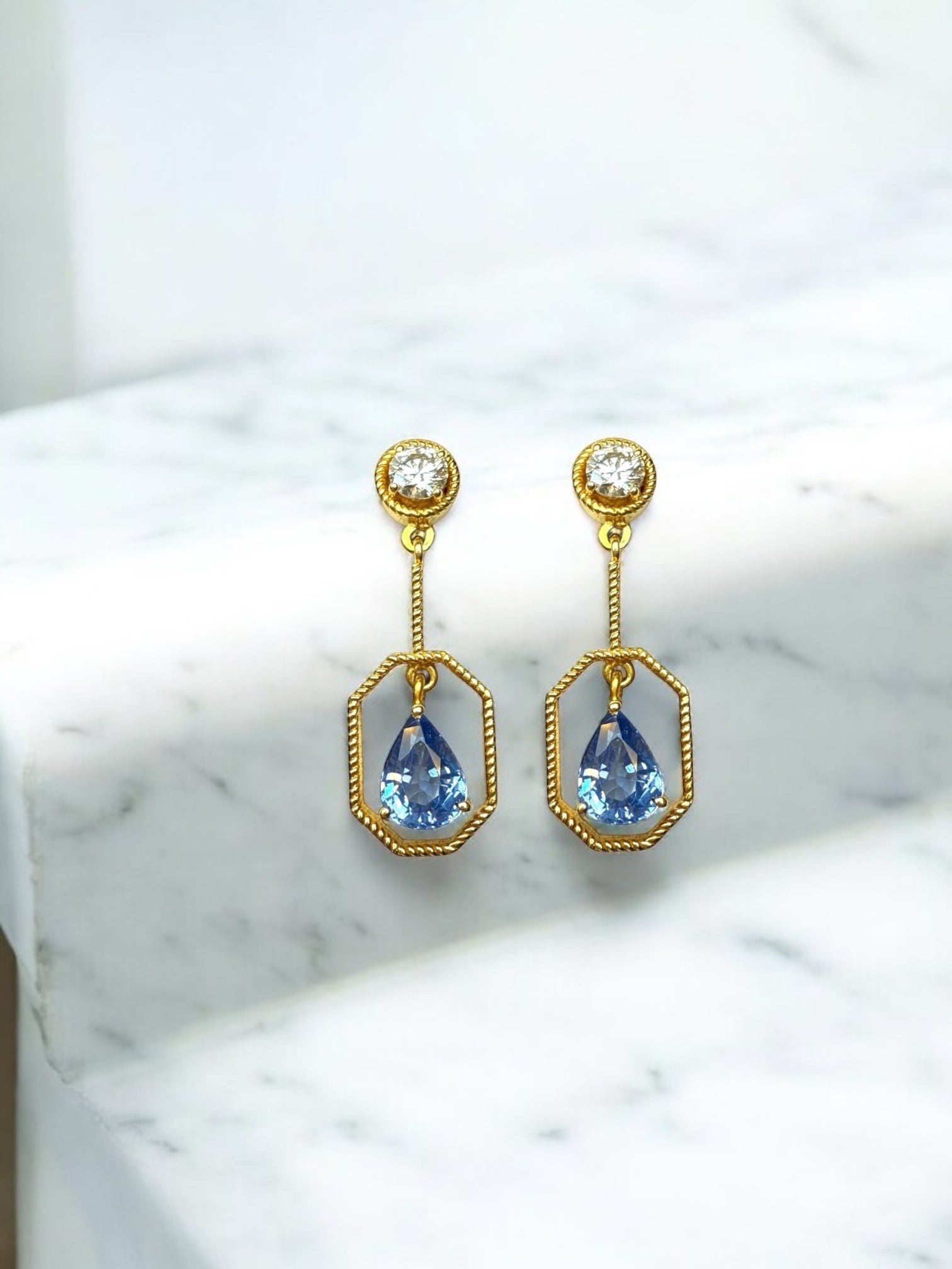 Sapphire and diamond drip earrings in 14k gold