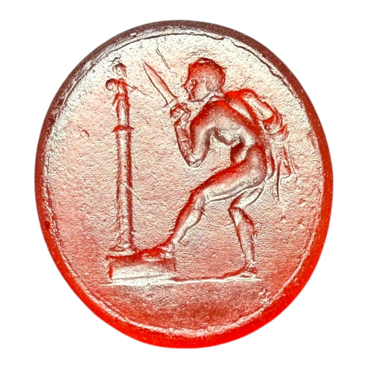 Antique Red Glass Intaglio – Warrior Offering at an Altar
Dimensions: 1.6 x 1.9 cm
