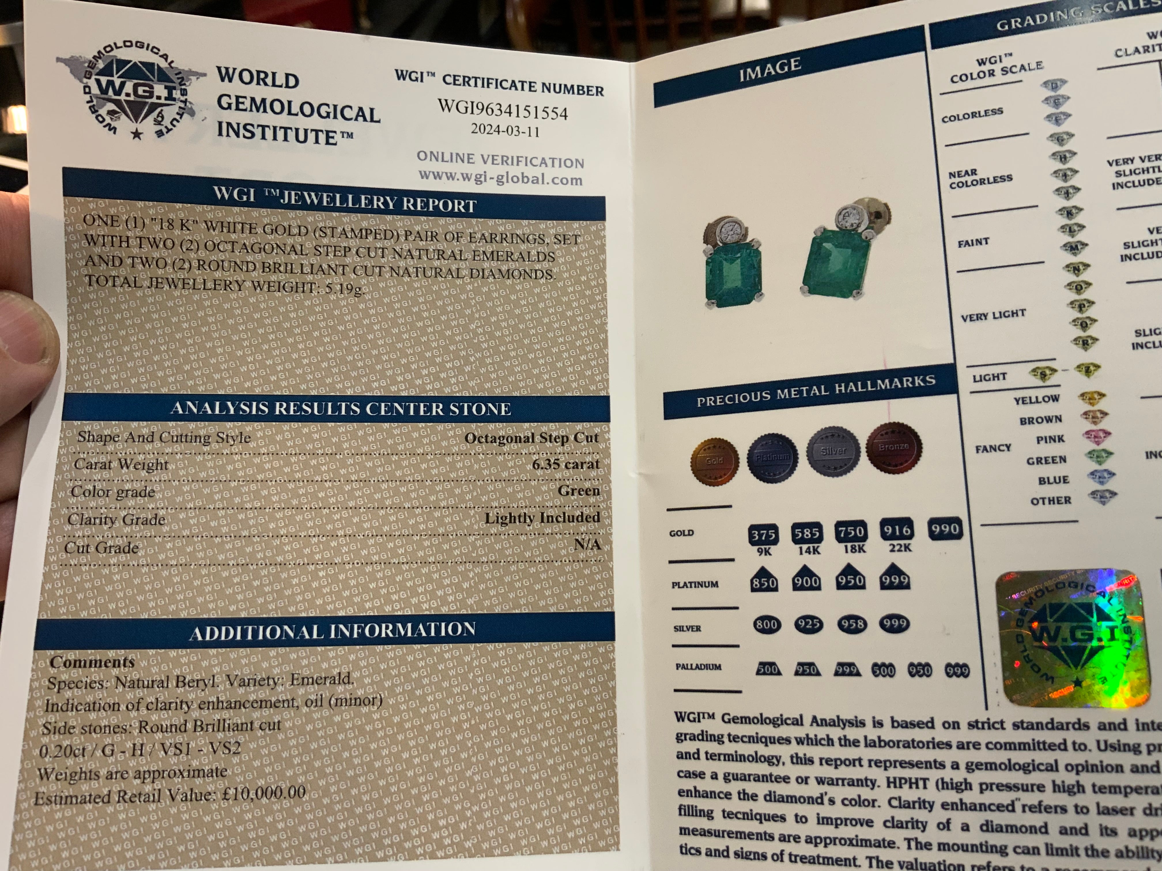 Elegant 18K White Gold Emerald and Diamond Earrings