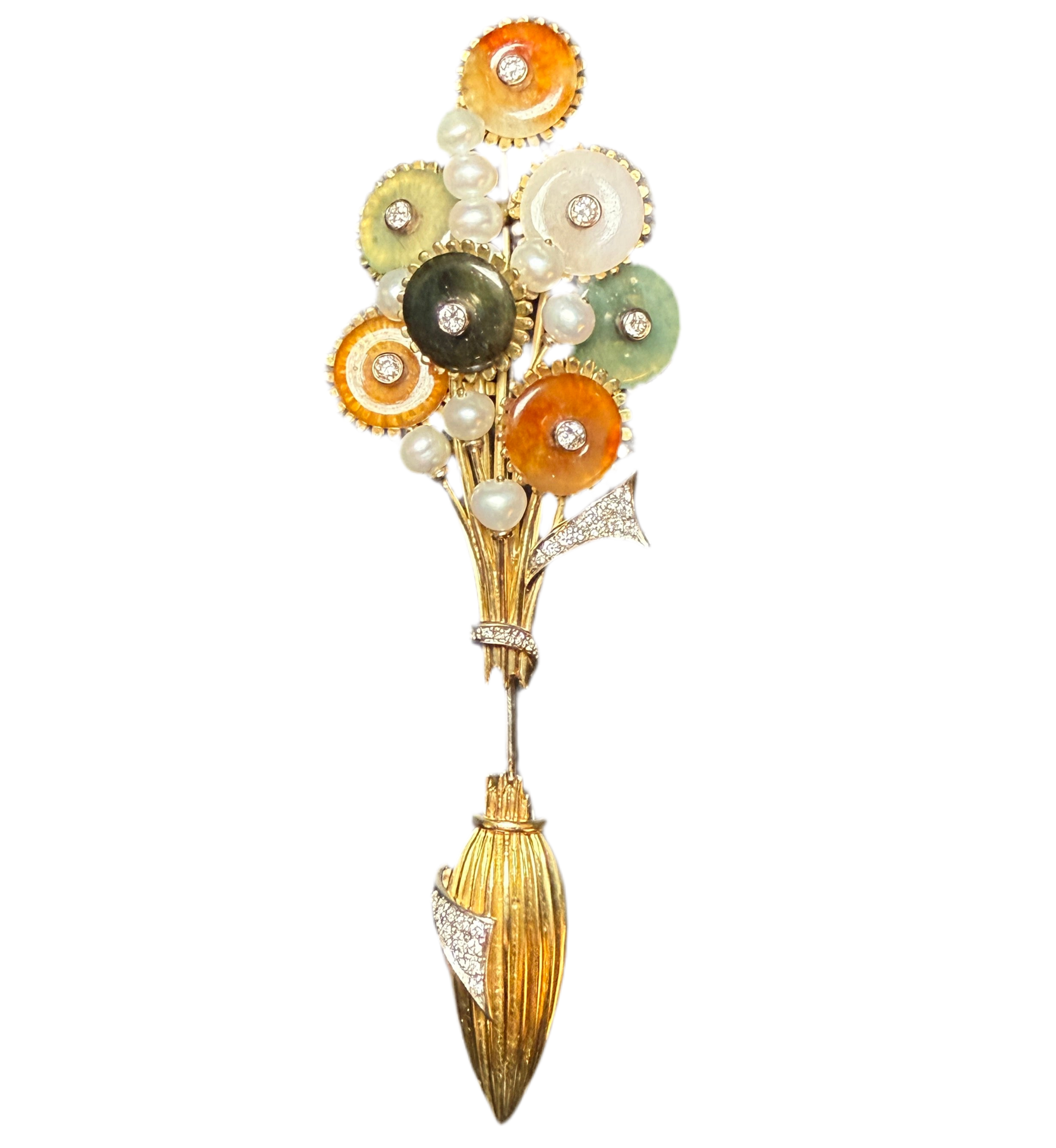 Antique Floral Brooch – 25.5g, 18K Gold with Jade, Pearls and Diamonds