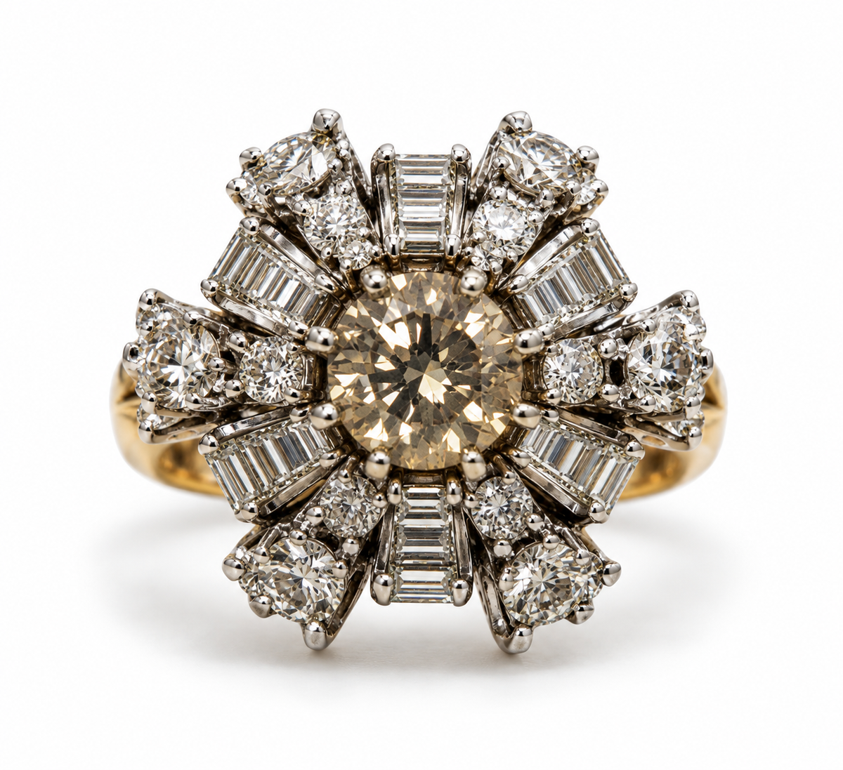 Vintage Platinum Fancy Deep Brownish Yellow Diamond Cocktail Ring