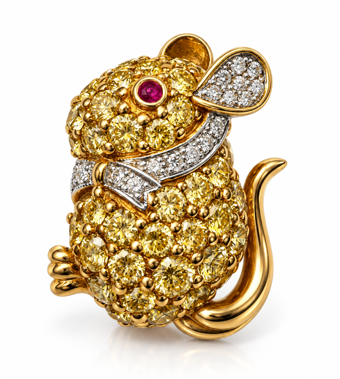 18K Yellow Gold Mouse Brooch with Diamonds and Ruby Eye – 7.8g