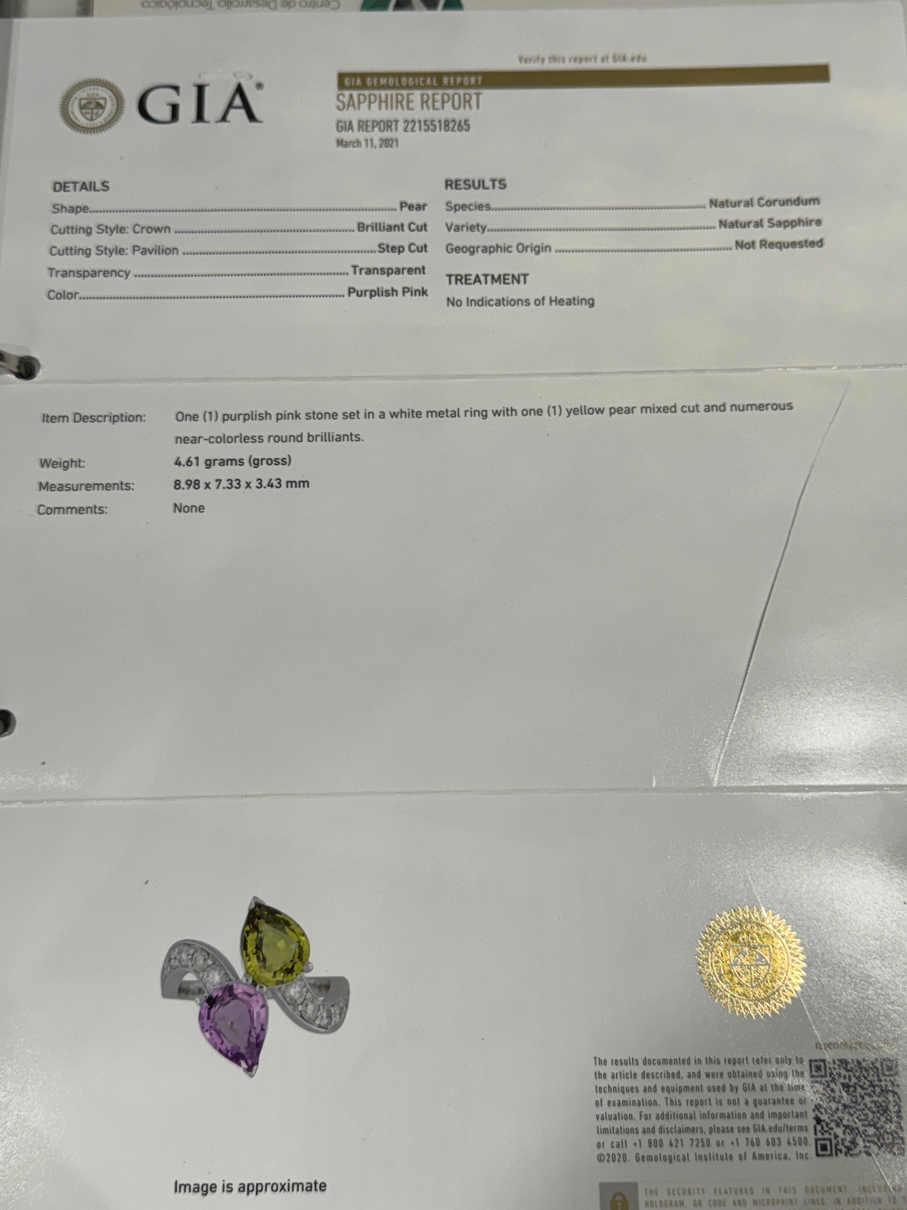 Purplish Pink Sapphire and Yellow Stone Ring