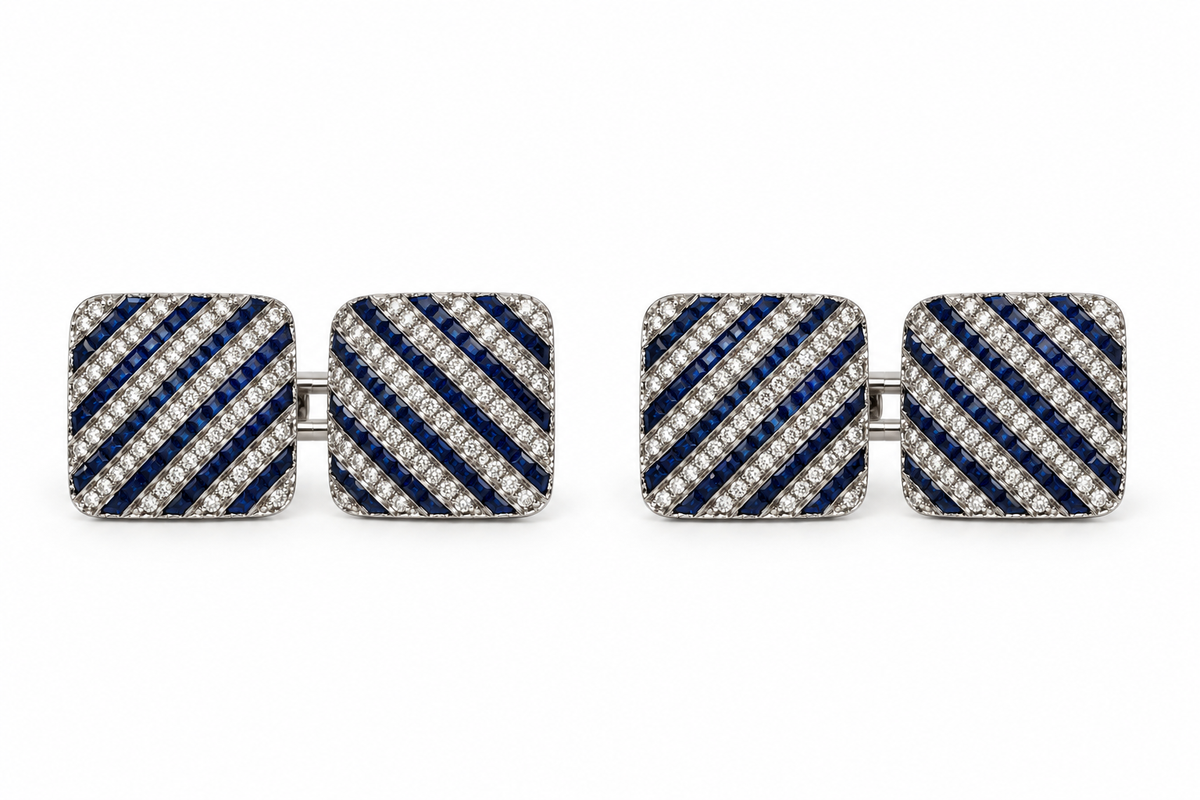 Vintage Sapphire & Diamond Double Cufflinks in 18K Gold – 14.6g