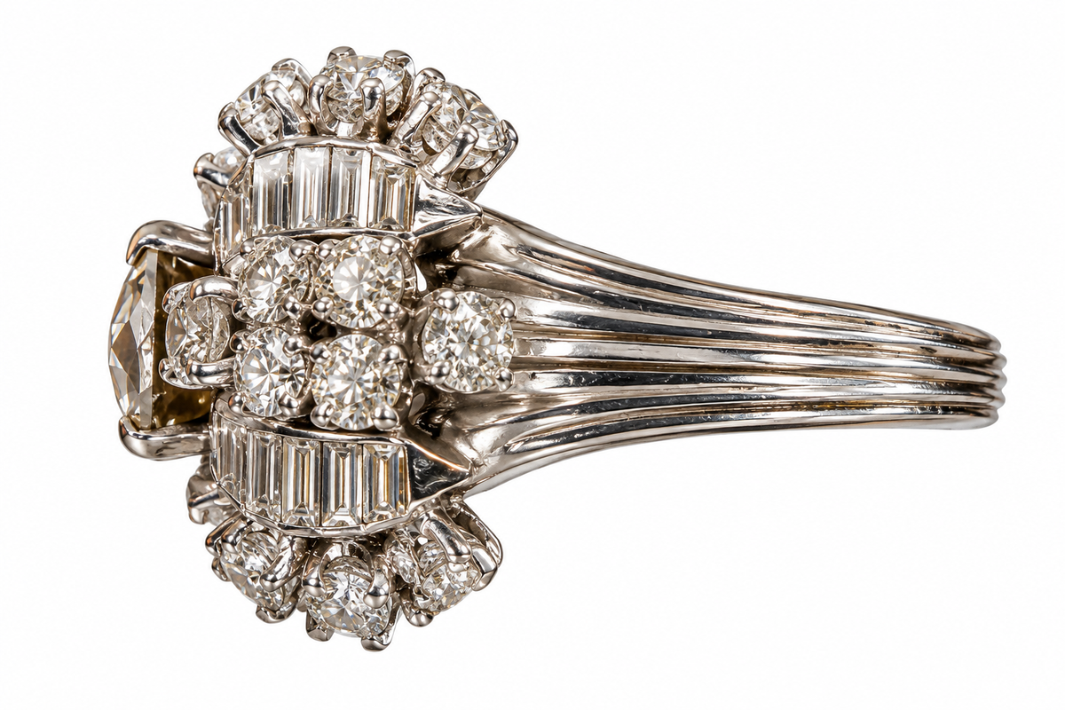 Vintage Platinum Fancy Deep Brownish Yellow Diamond Cocktail Ring
