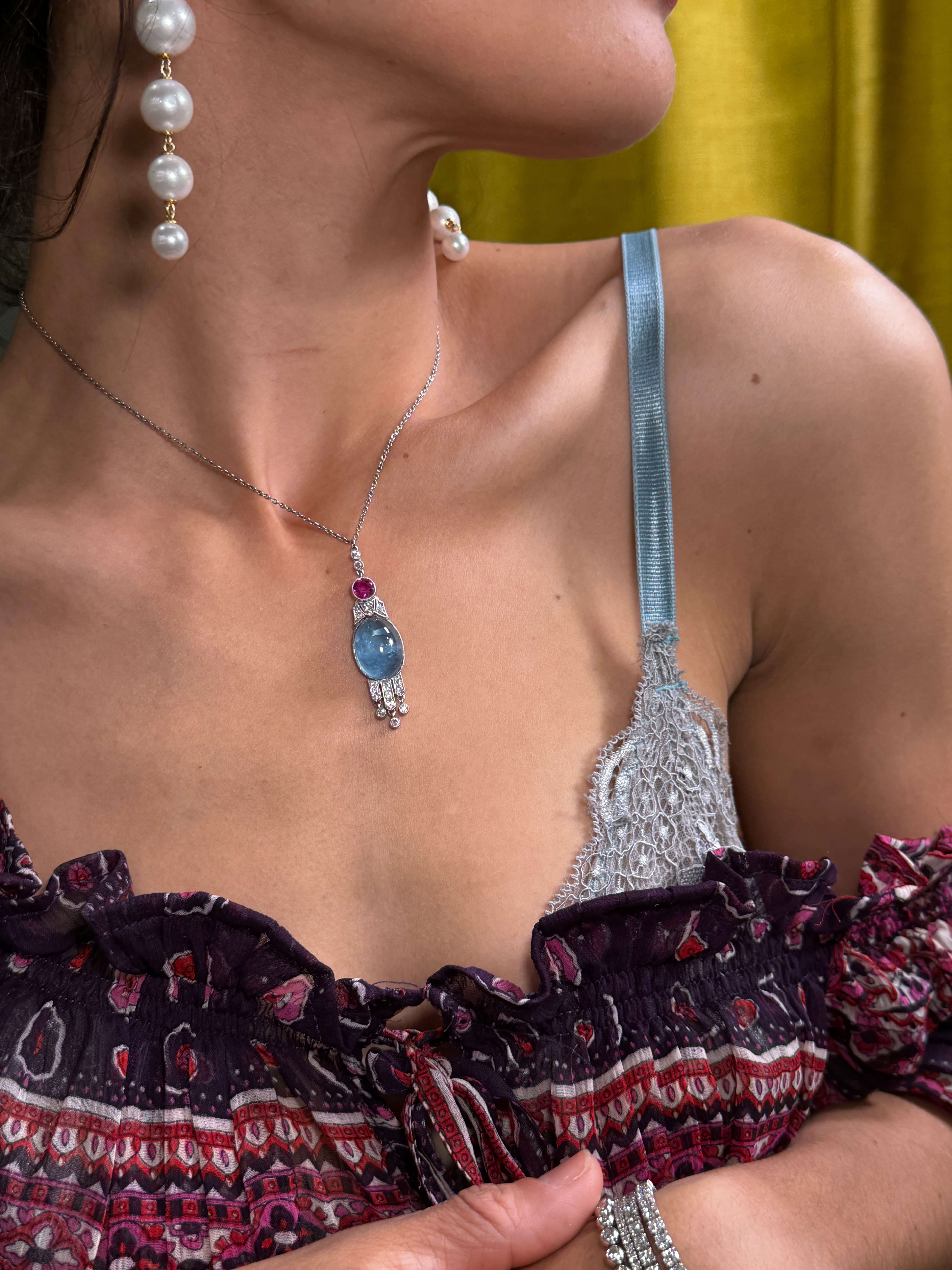 Platinum Necklace with Ruby and Diamonds for women