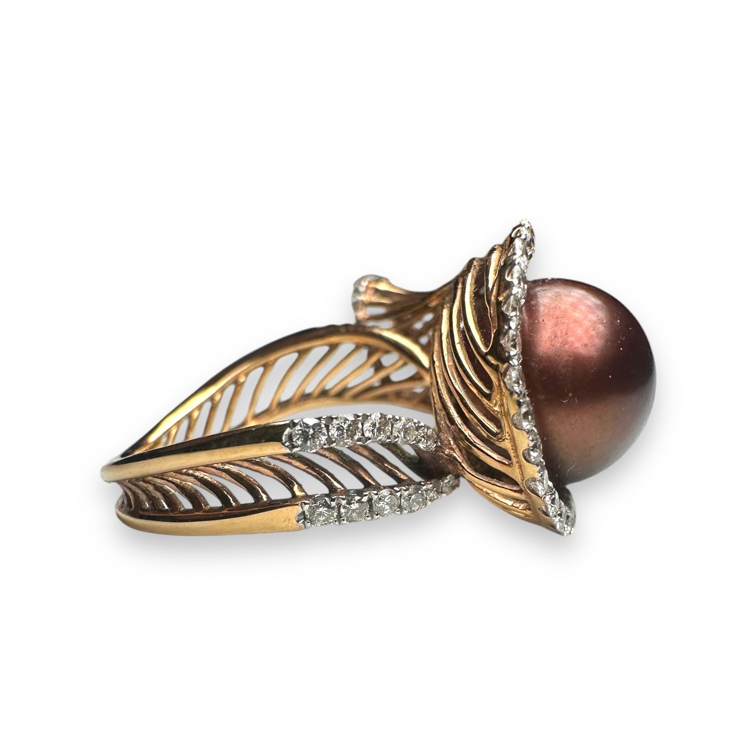 Brown pearl and diamond gold engagement aring