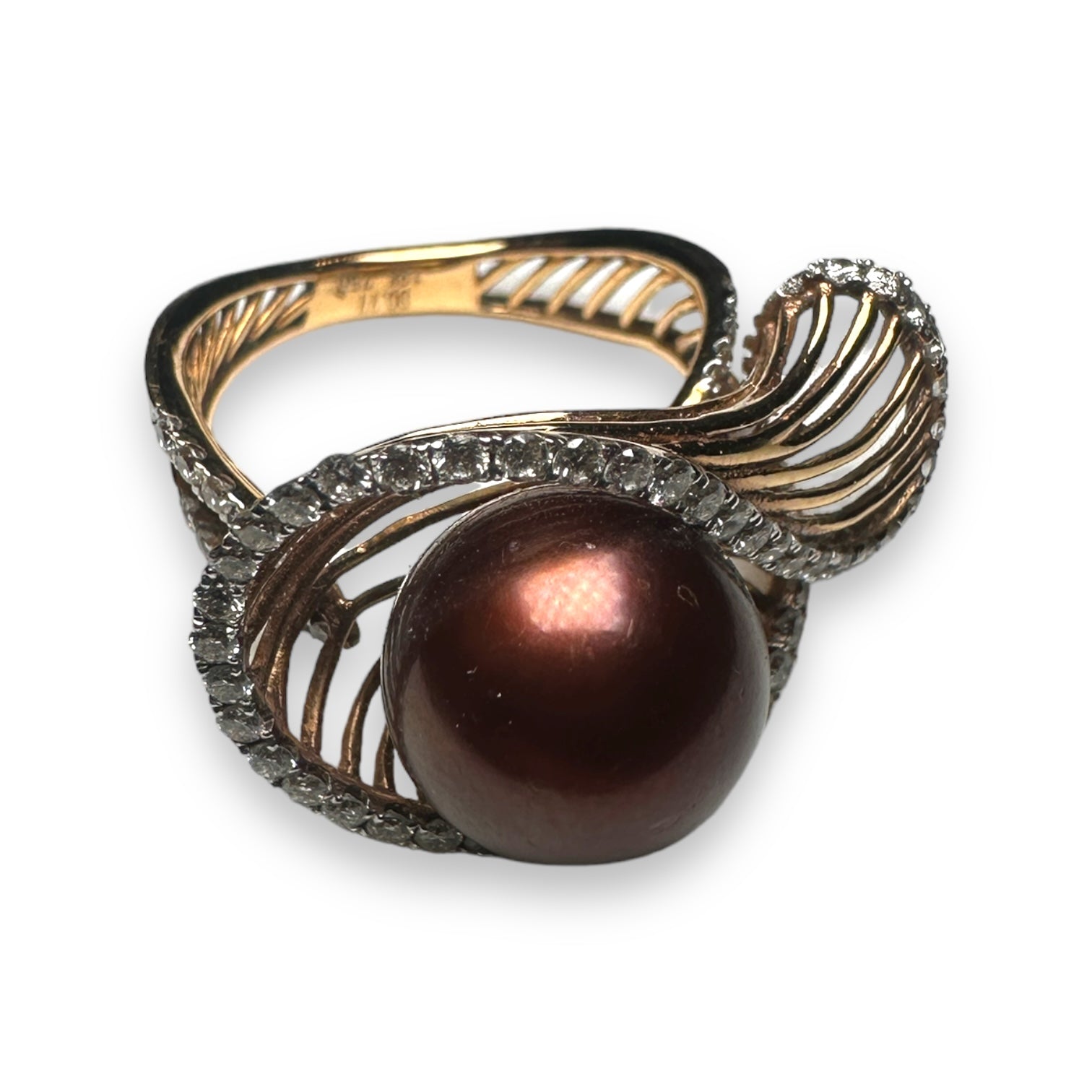 Brown pearl and diamond gold engagement aring