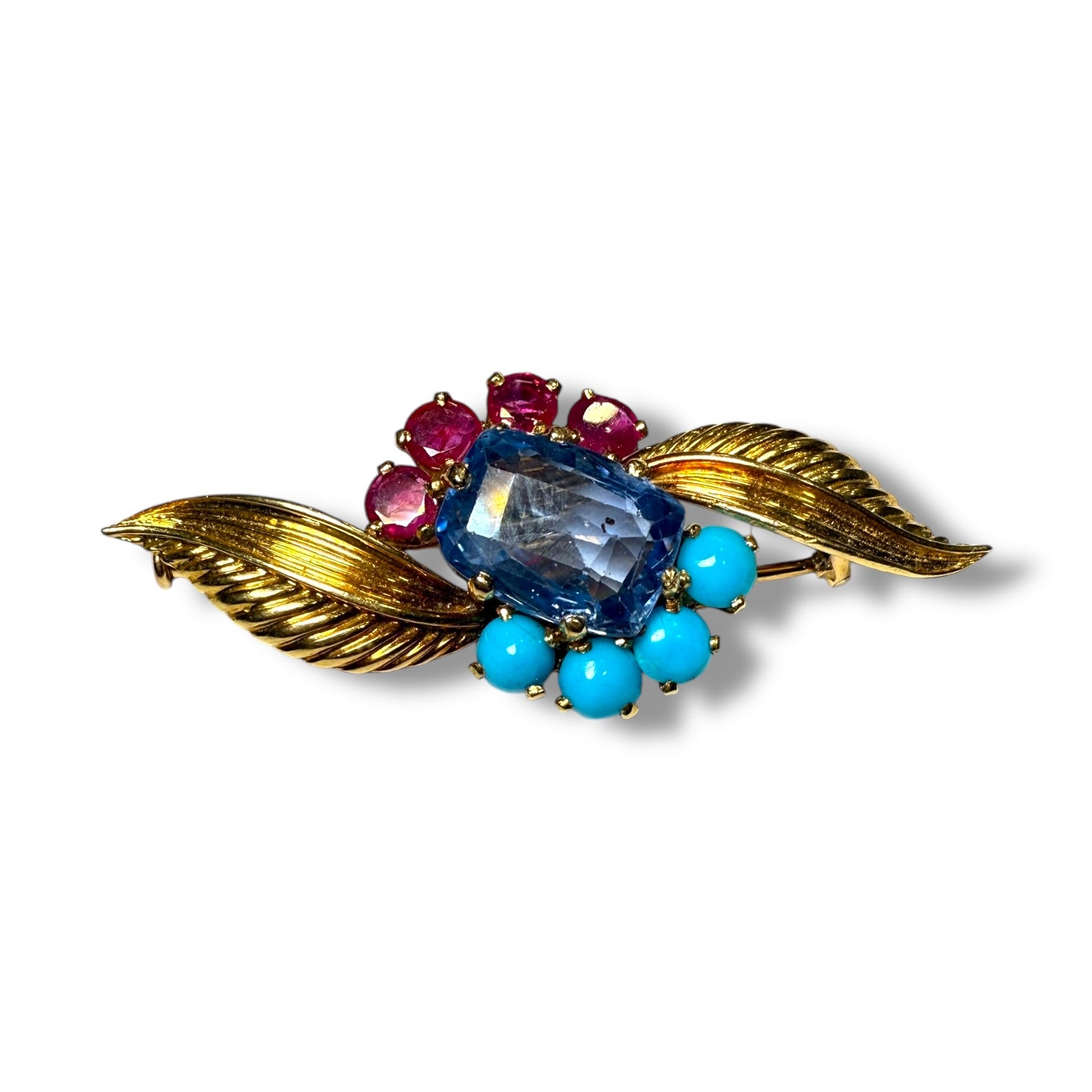 18k Yellow Gold Brooch with Natural Blue Sapphire and Rubies – Sri Lankan Origin