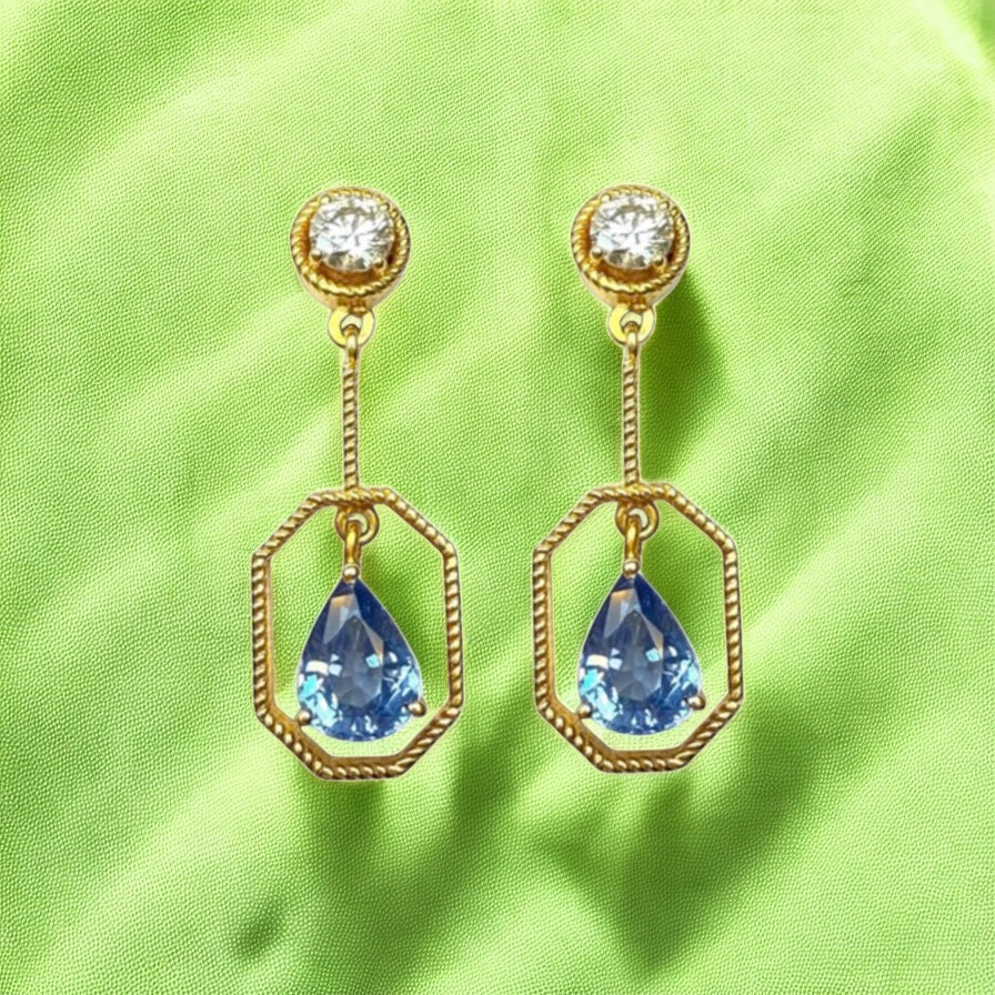 Sapphire and diamond drip earrings in 14k gold