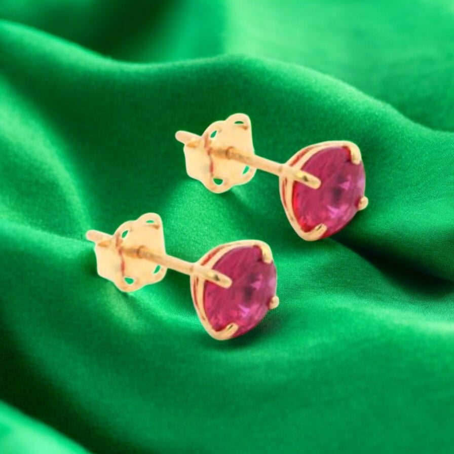 9ct Yellow Gold Earrings 5mm Round Created Ruby
