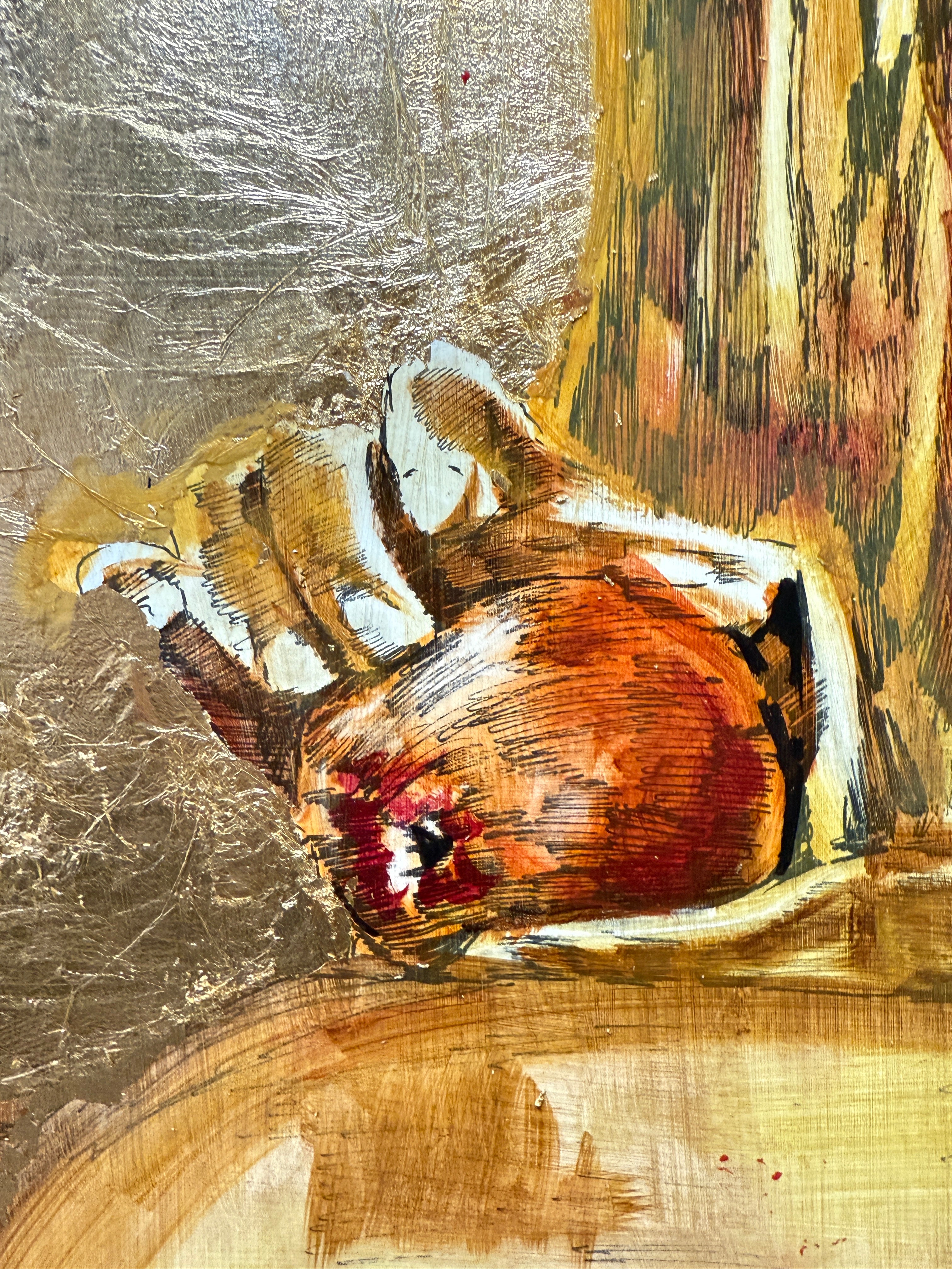 “Golden” – Original Contemporary Artwork | Ink, Oil & Gold Leaf on Wood | Female Portrait Art