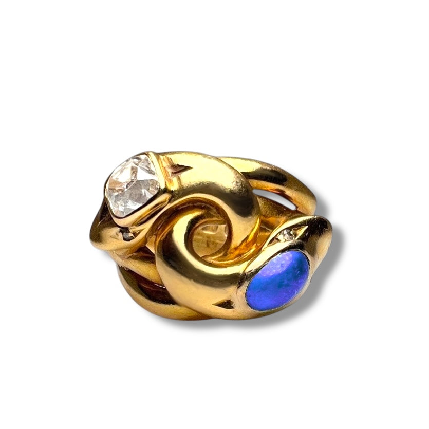 Exquisite 18kt Gold Snake Ring with Diamond & Customisable Gemstone Eyes