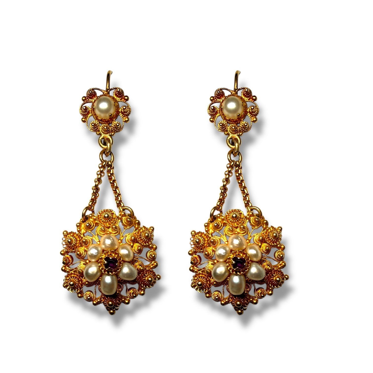 Antique 15-Carat Gold Drop Earrings with Pearls & Garnet