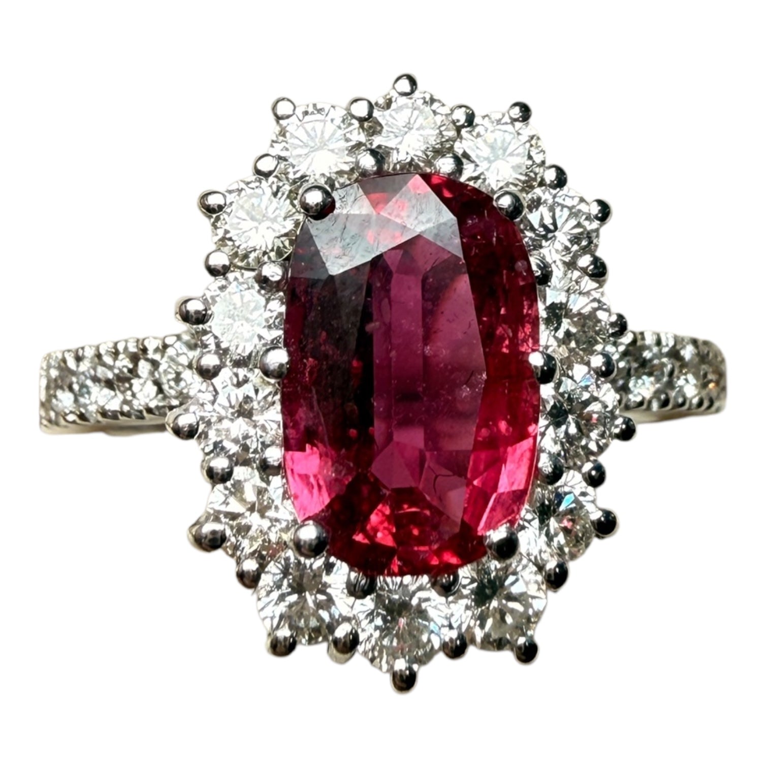 Natural Ruby and Diamond Cluster Ring – 1.80ct Ruby, Cushion Cut, Thailand/Cambodia Origin