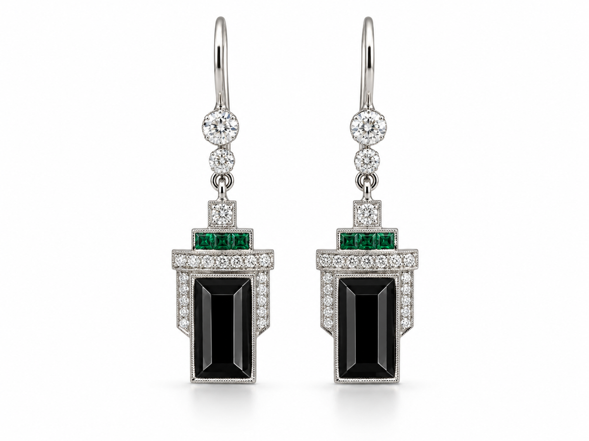 Art Deco Onyx, Emerald & Diamond Drop Earrings