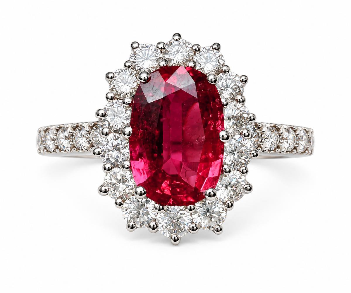 Natural Ruby and Diamond Cluster Ring – 1.80ct Ruby, Cushion Cut, Thailand/Cambodia Origin