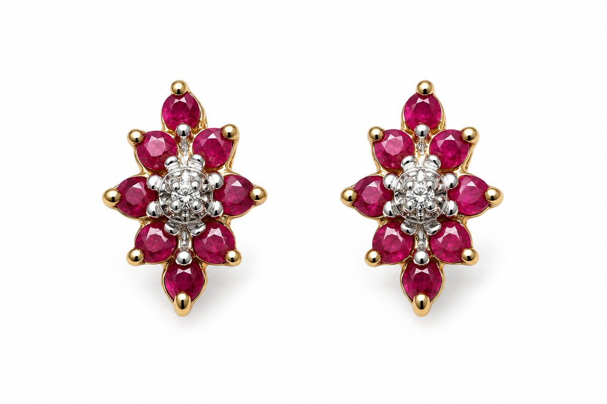 Boucle d'oreille en or 9 carats, rubis et diamant
