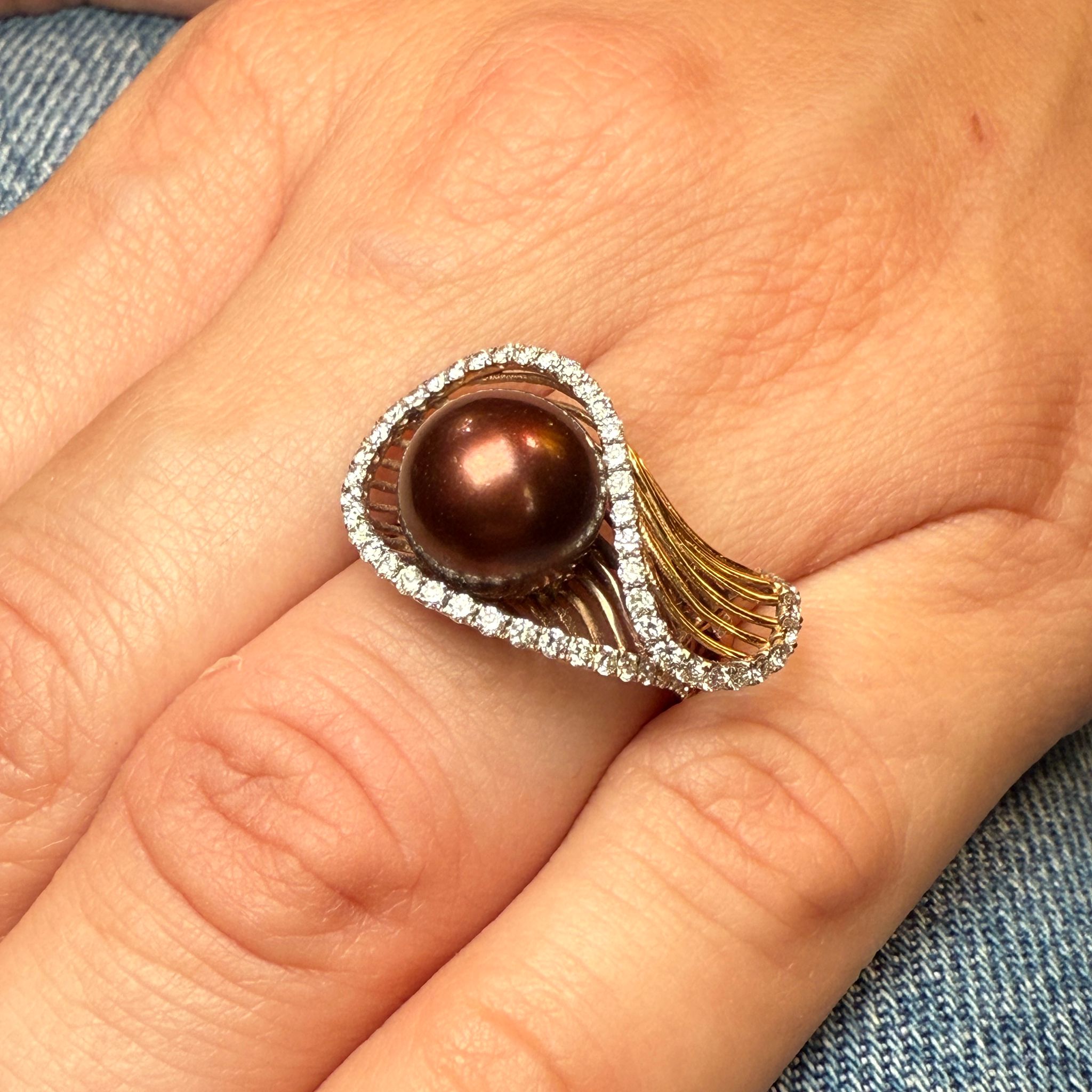 Brown pearl and diamond gold ring