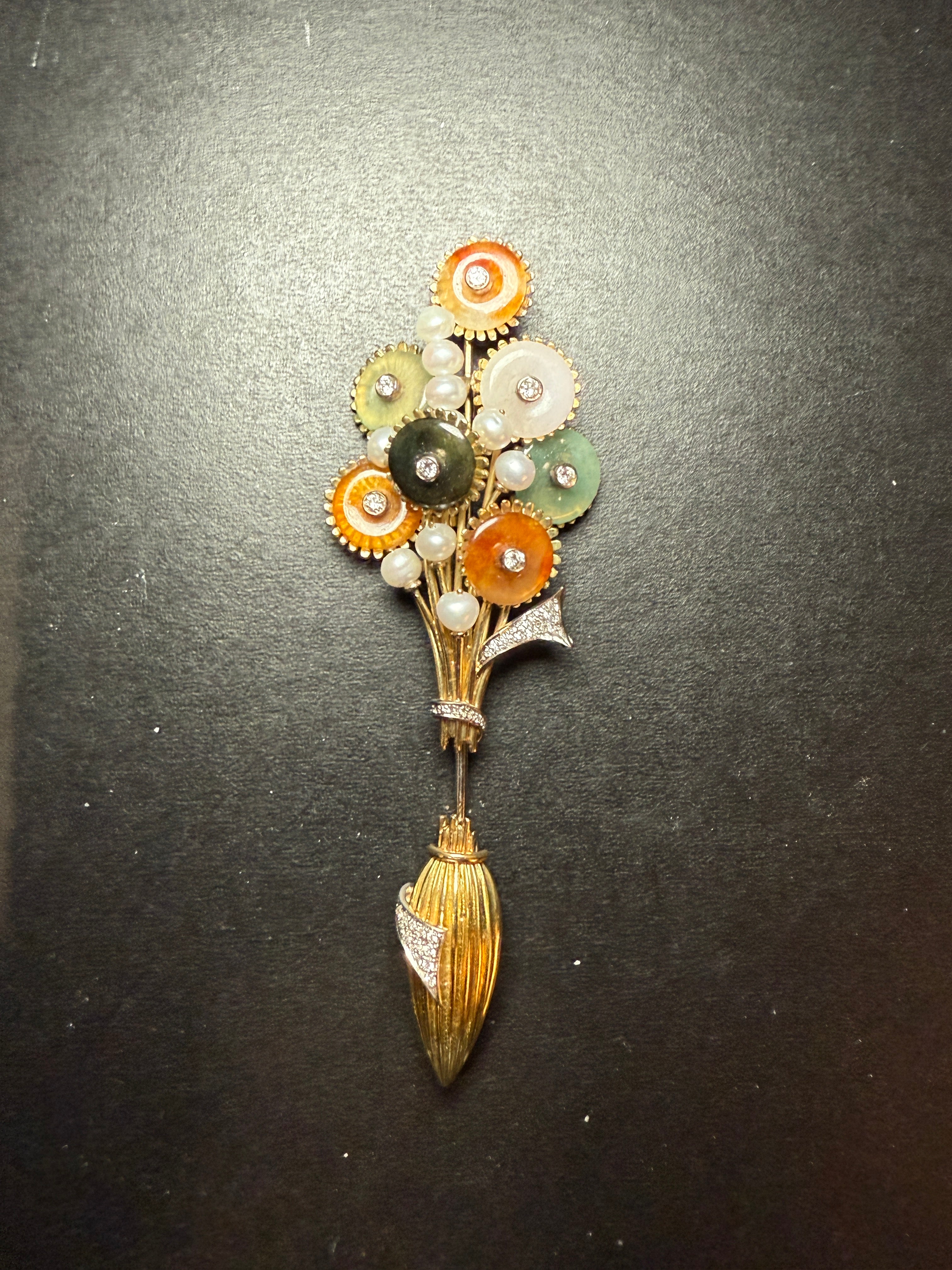 Antique Floral Brooch – 25.5g, 18K Gold with Jade, Pearls and Diamonds