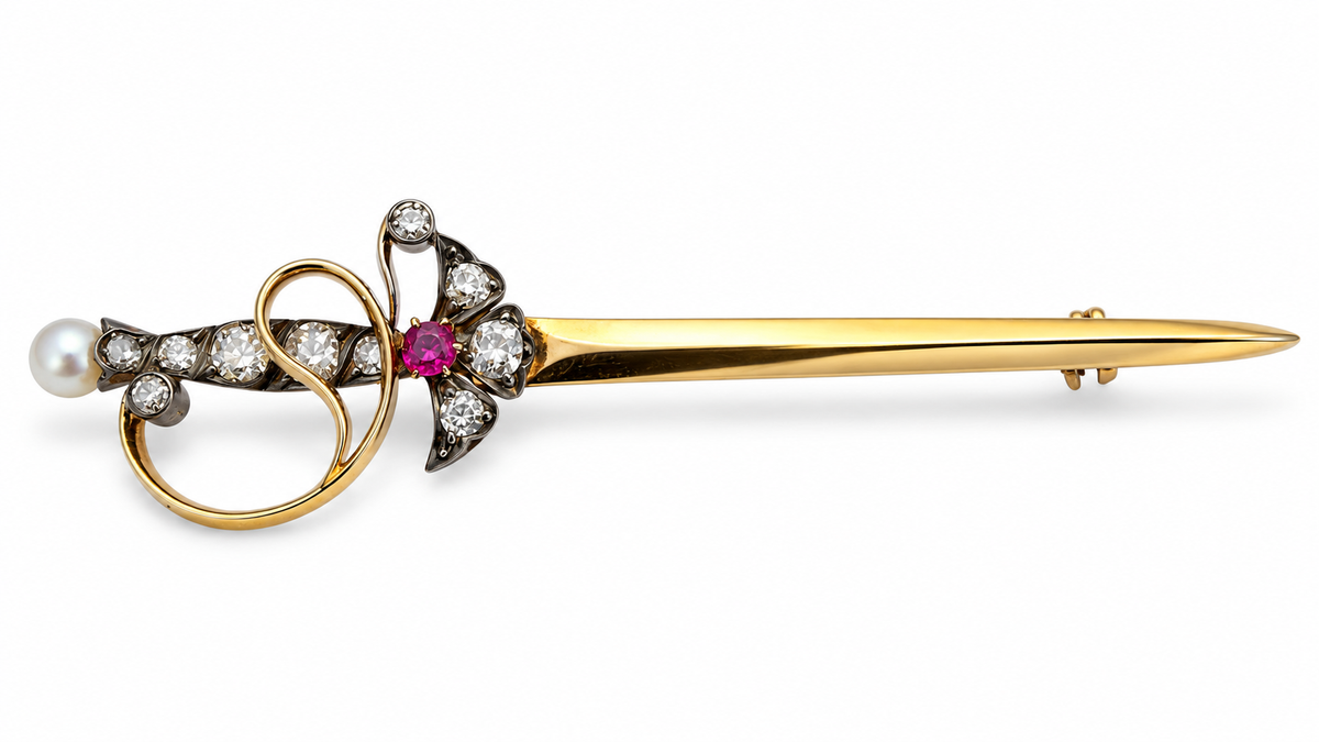 Antique Ruby, Diamond & Pearl Gold Brooch