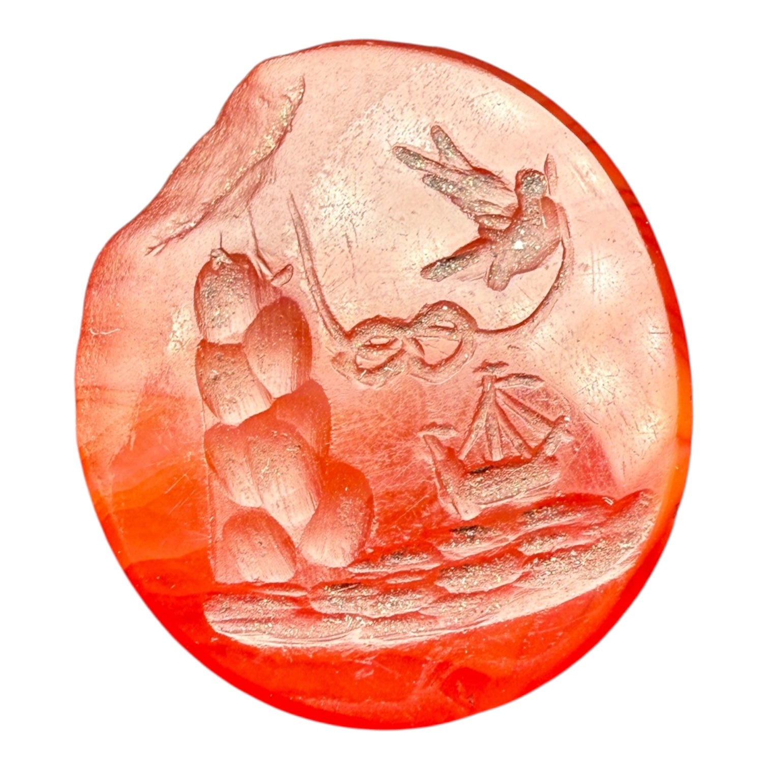 Antique Carved Stone Intaglio – Swallow, Ship & Anchor Scene
Dimensions: 1.9 x 1.7 cm