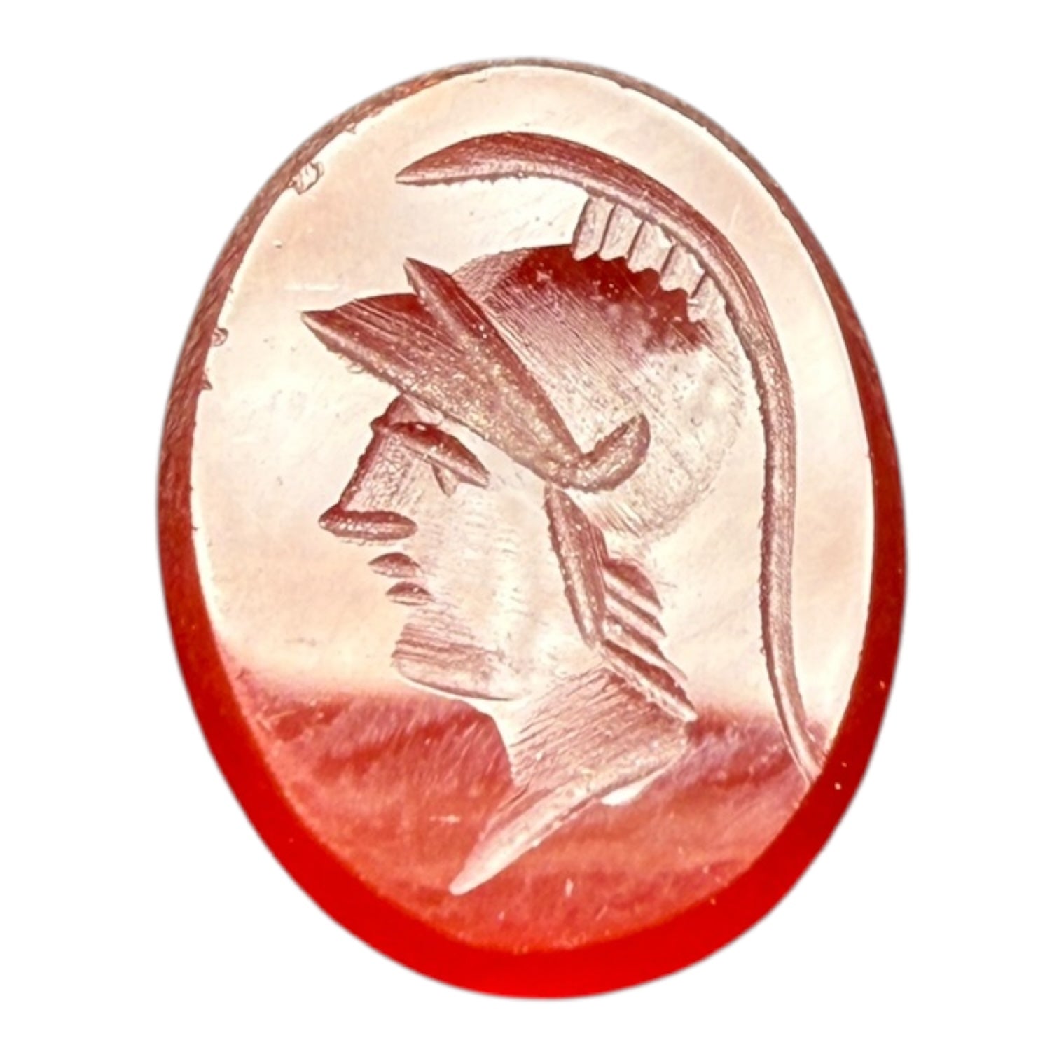 Miniature Carnelian Intaglio – Warrior with Plumed Helmet, 0.9 x 0.7 cm