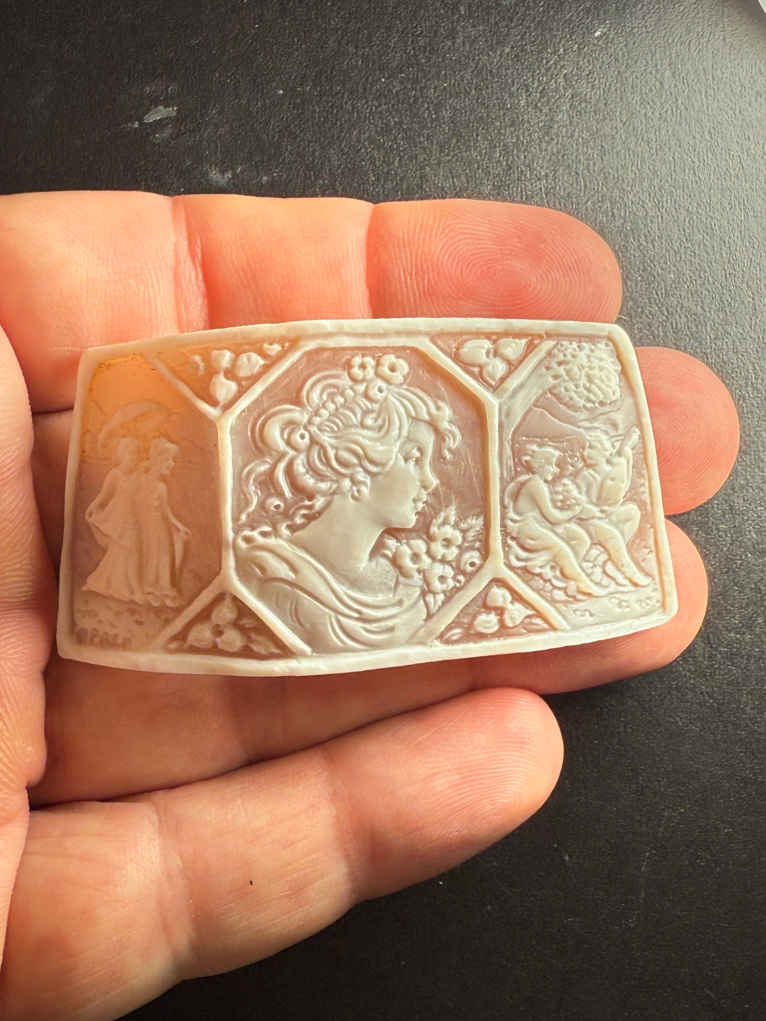 Antique Art Nouveau Shell Cameo – Allegorical Panel Scene