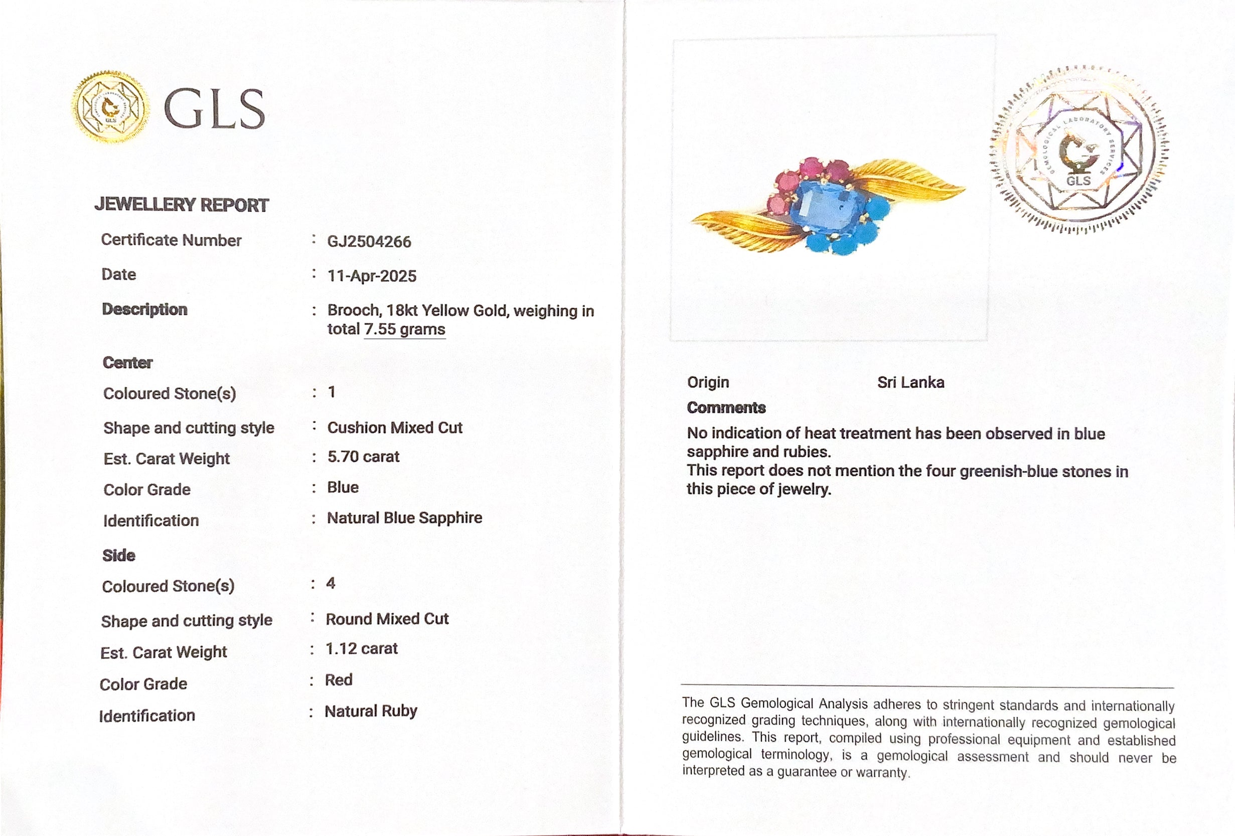 18k Yellow Gold Brooch with Natural Blue Sapphire and Rubies – Sri Lankan Origin