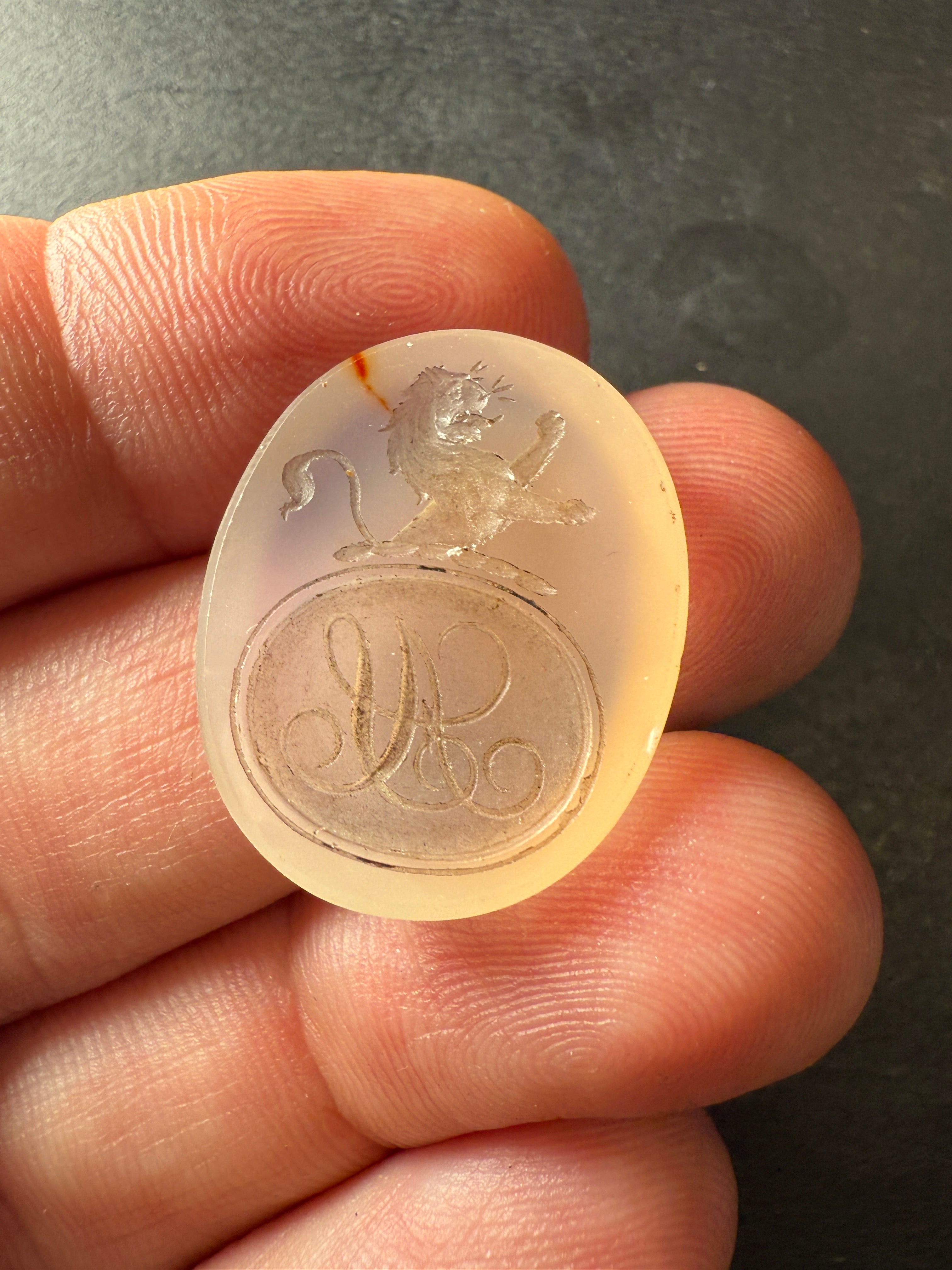 Antique Carved Stone Intaglio – Heraldic Lion & Monogram Seal