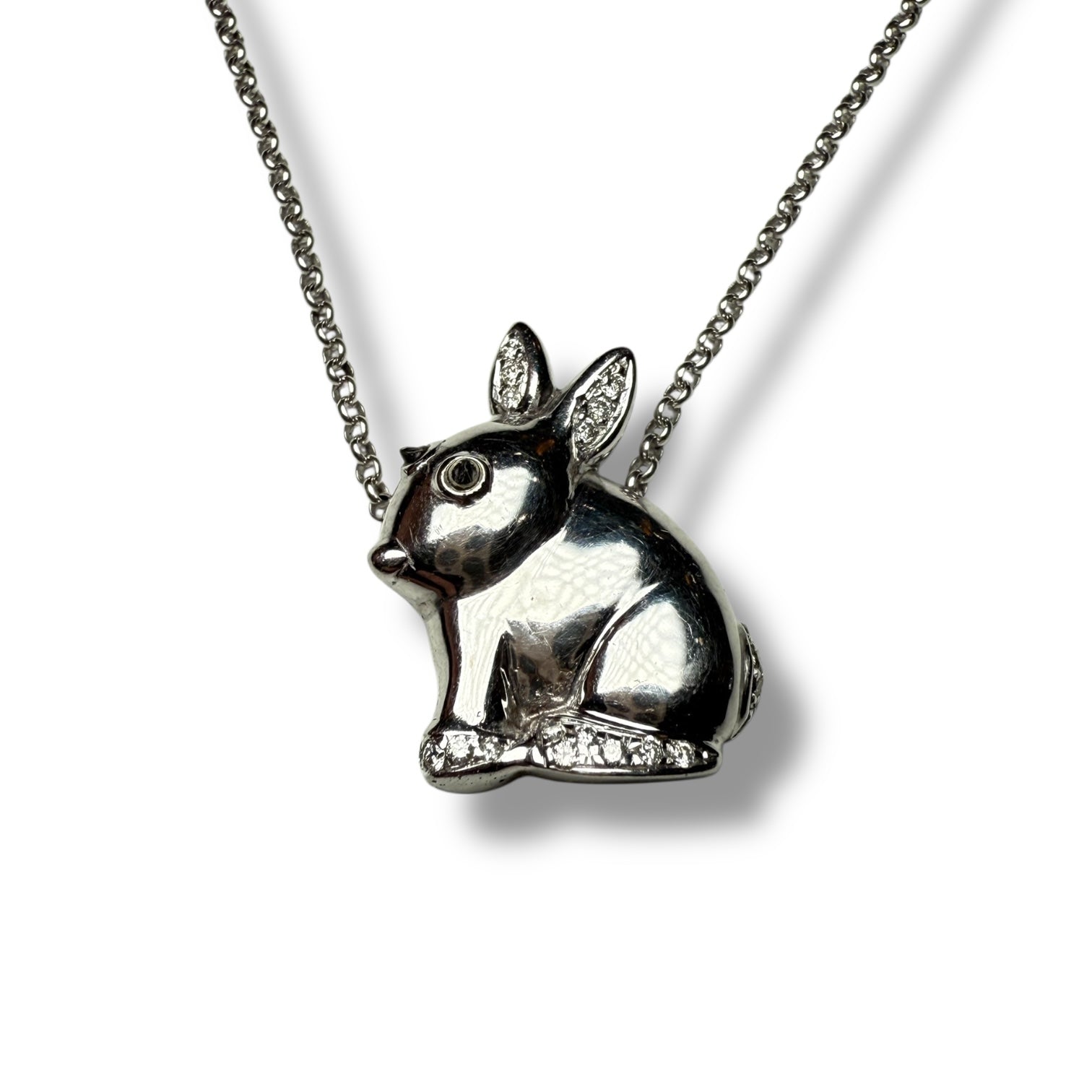 18kt White Gold Rabbit Pendant Necklace with Diamonds – 13g (Including Chain)