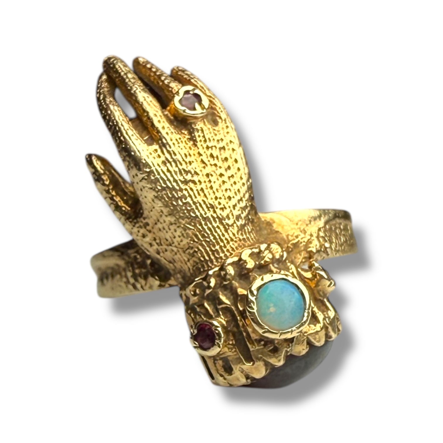 Gold hand ring  with opal and garnet