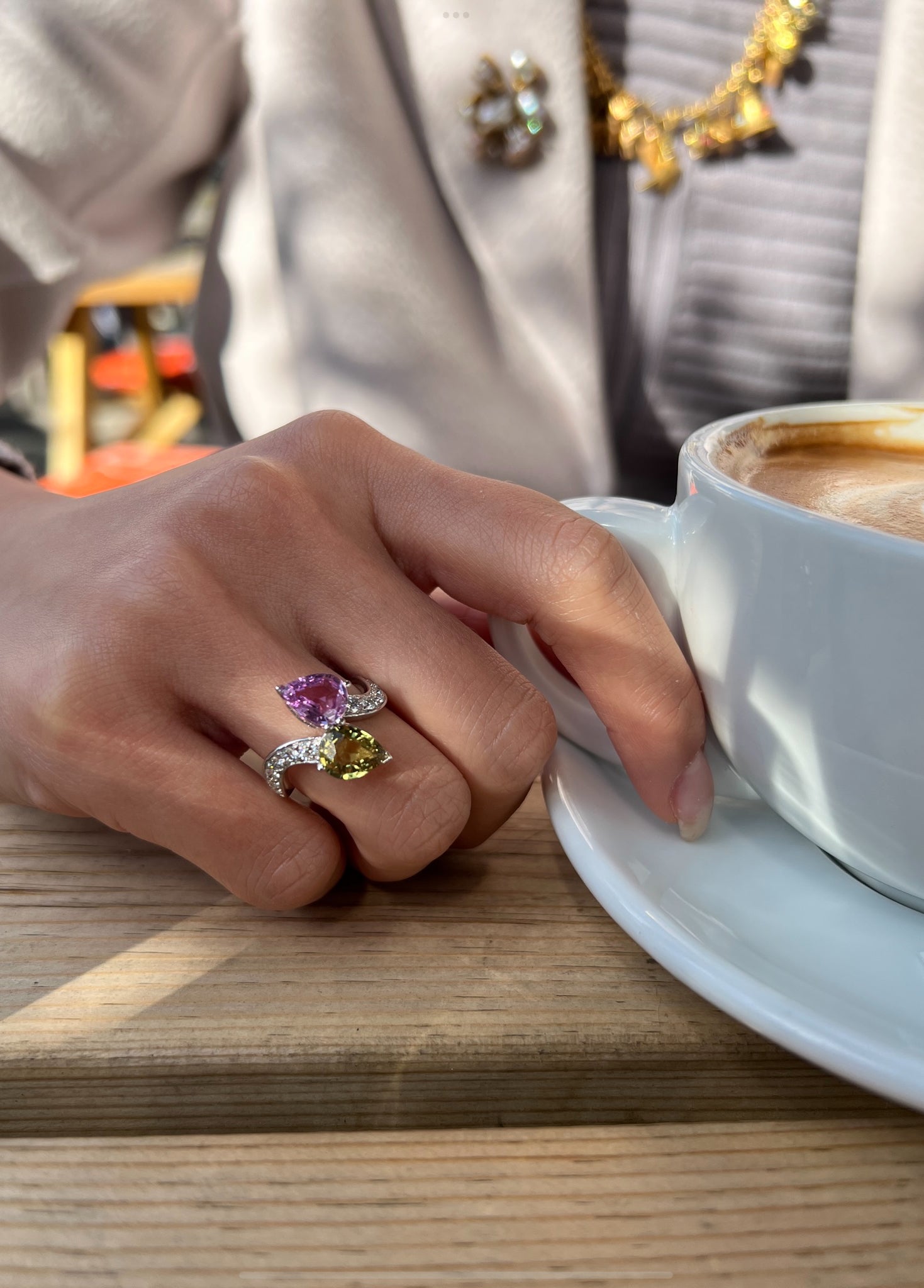 Purplish Pink Sapphire and Yellow Stone Ring