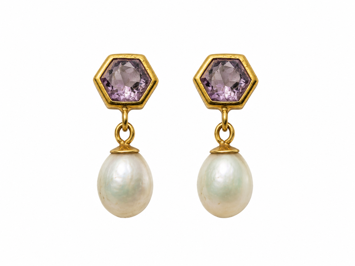 9k Amethyst and pearl gold earring
