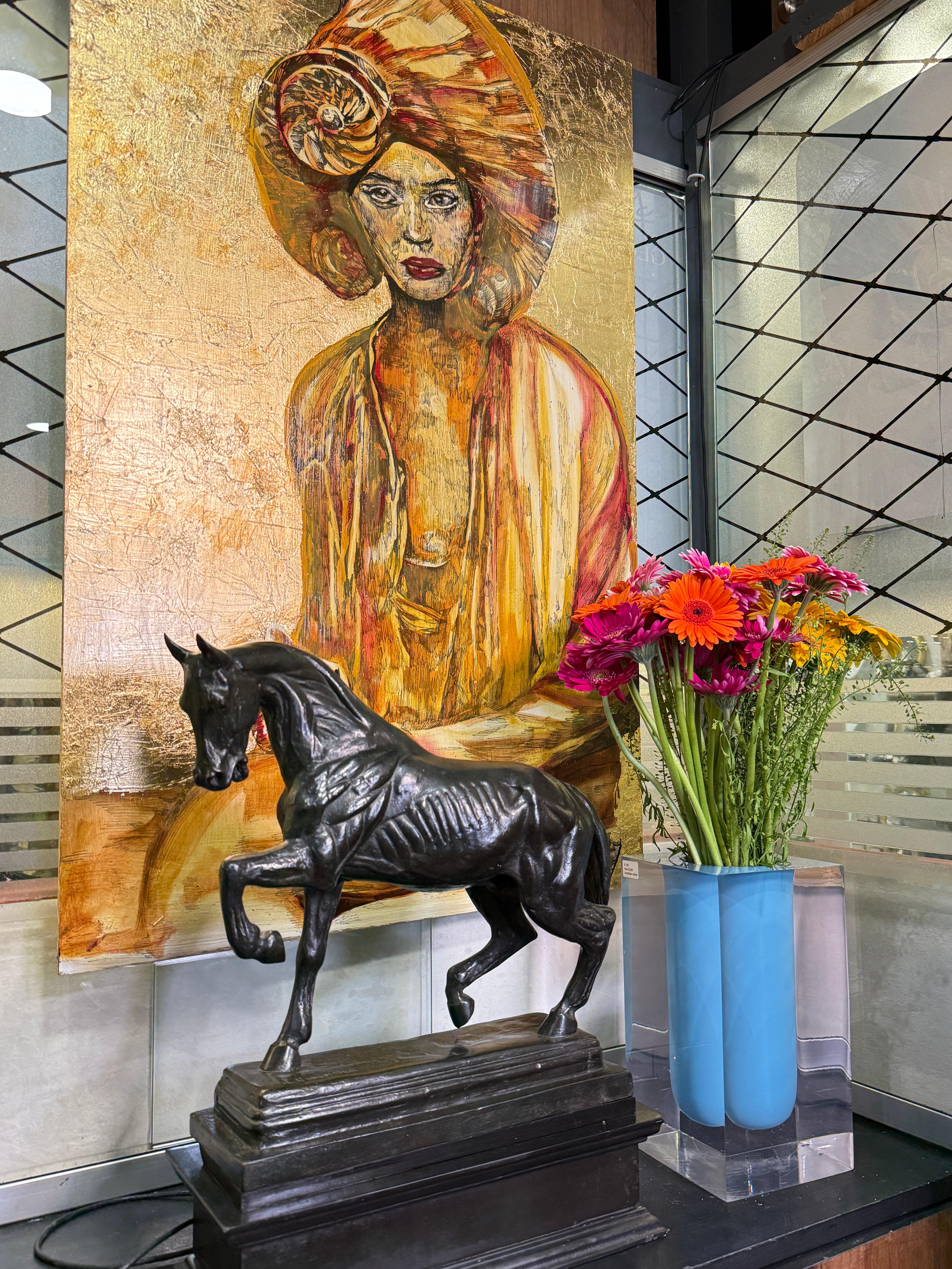 “Golden” – Original Contemporary Artwork | Ink, Oil & Gold Leaf on Wood | Female Portrait Art