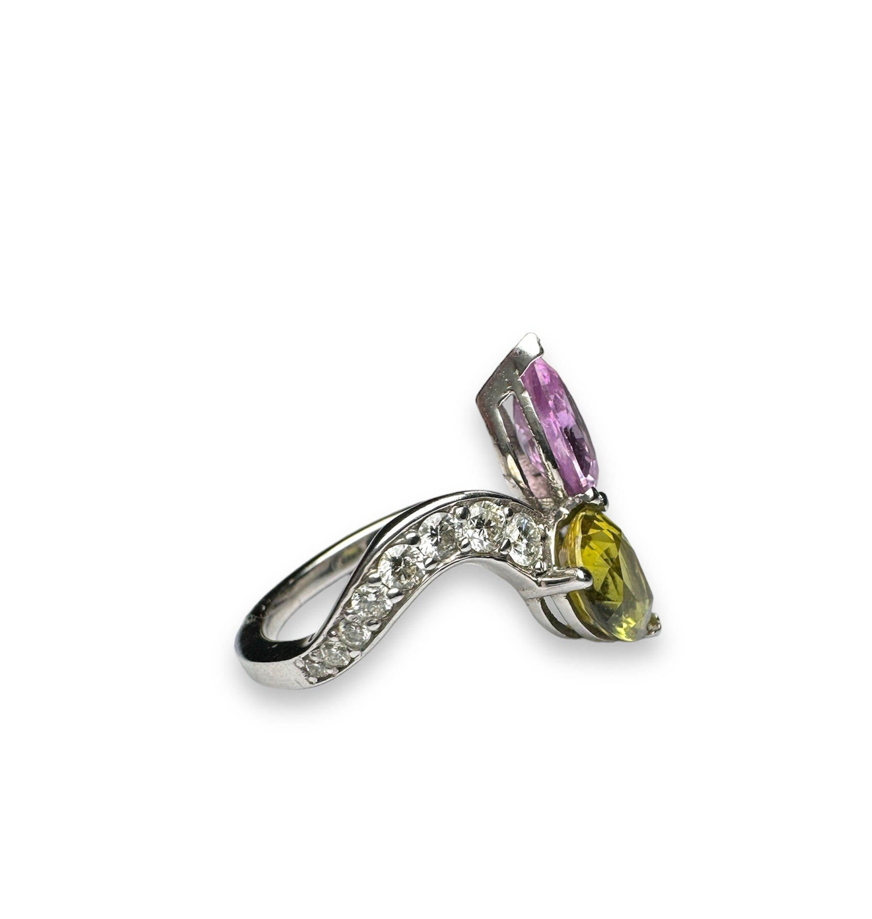 Purplish Pink Sapphire and Yellow Stone Ring