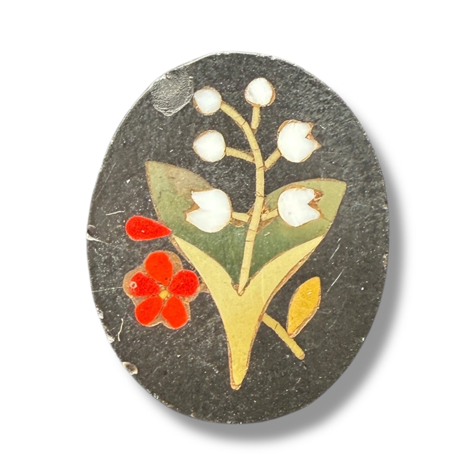 Miniature Pietra Dura Plaque – Lily of the Valley & Red Flower on Black Slate