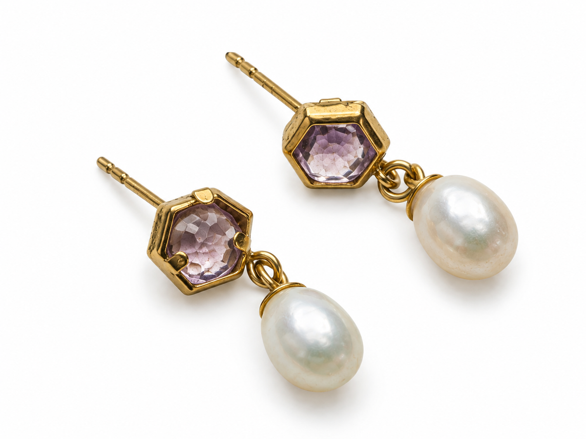 9k Amethyst and pearl gold earring