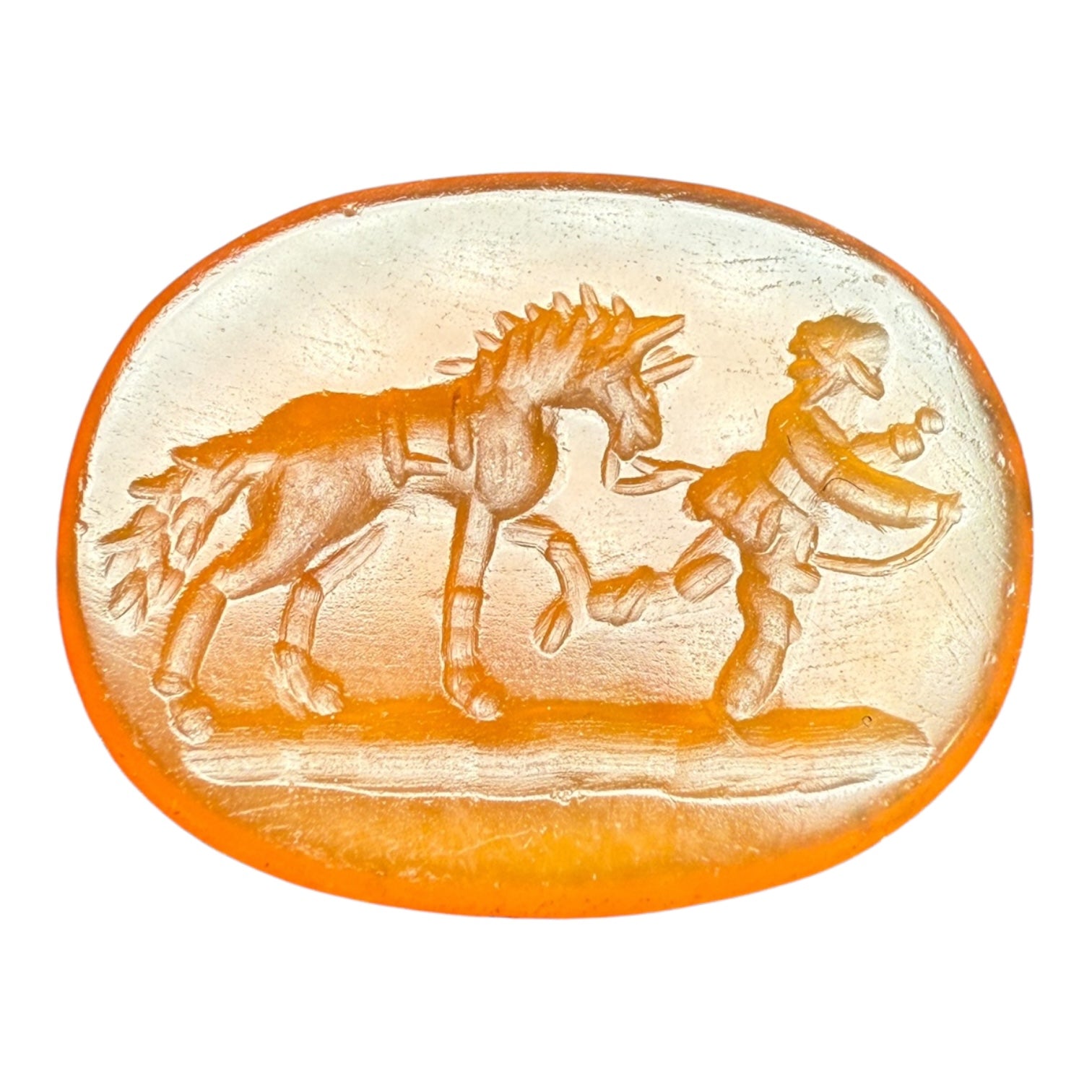 Antique Carved Stone Intaglio – Horse and Rider in Motion
Dimensions: 2.8 x 1.5 cm