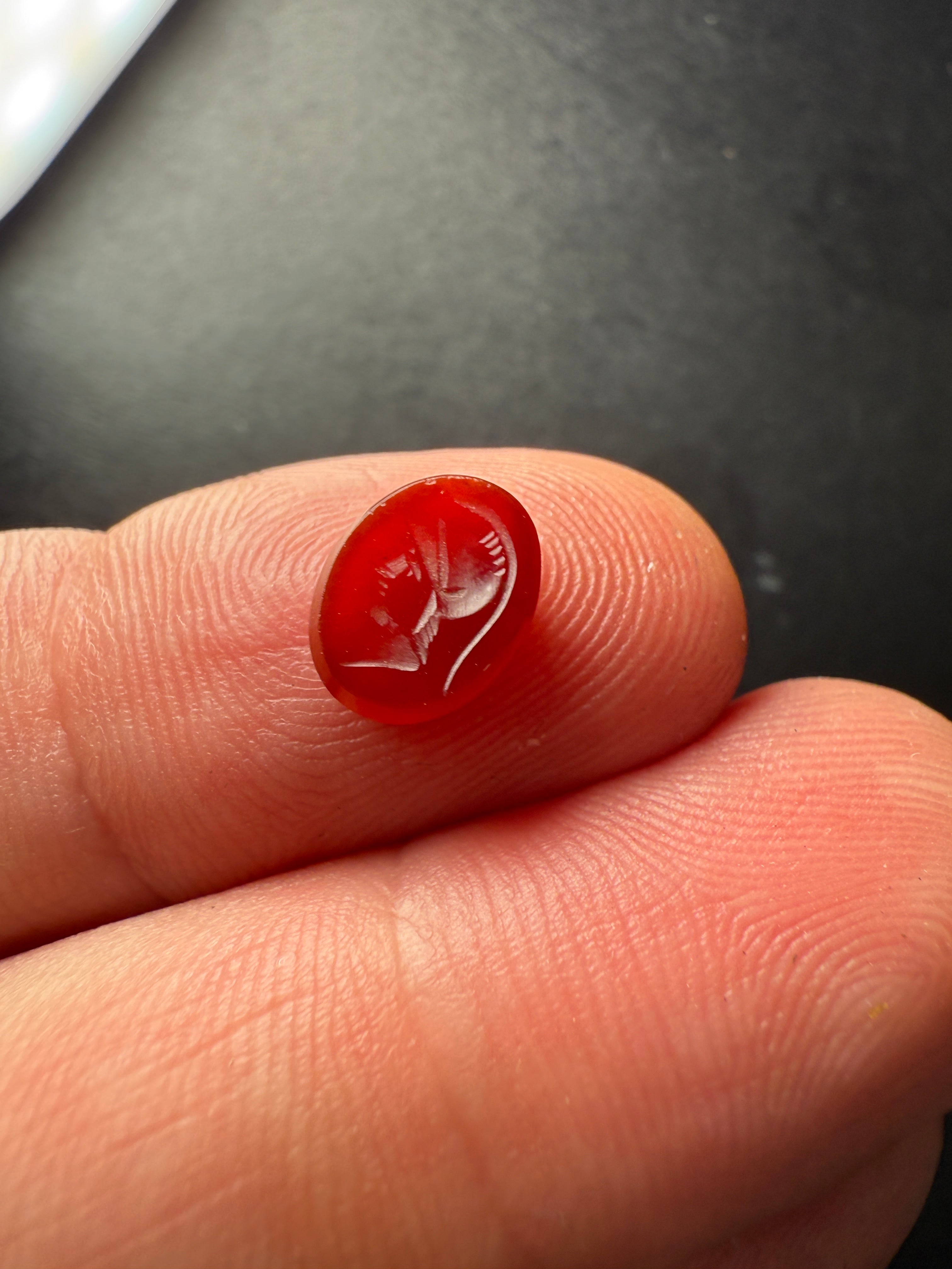 Miniature Carnelian Intaglio – Warrior with Plumed Helmet, 0.9 x 0.7 cm