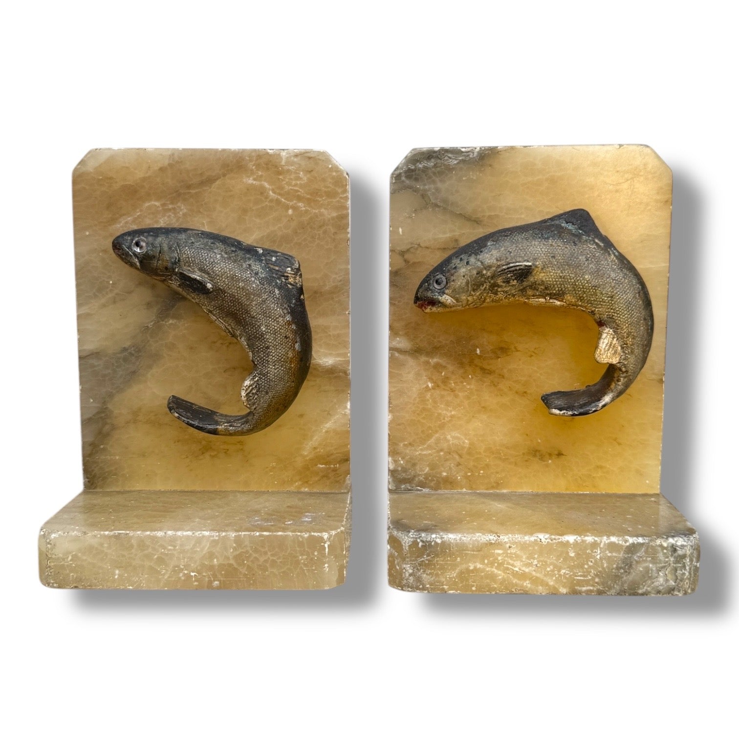 Vintage Stone and Metal Fish Bookends