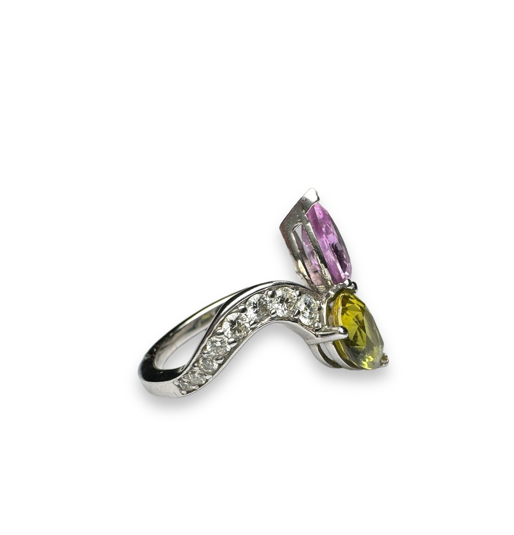 Purplish Pink Sapphire and Yellow Stone Ring