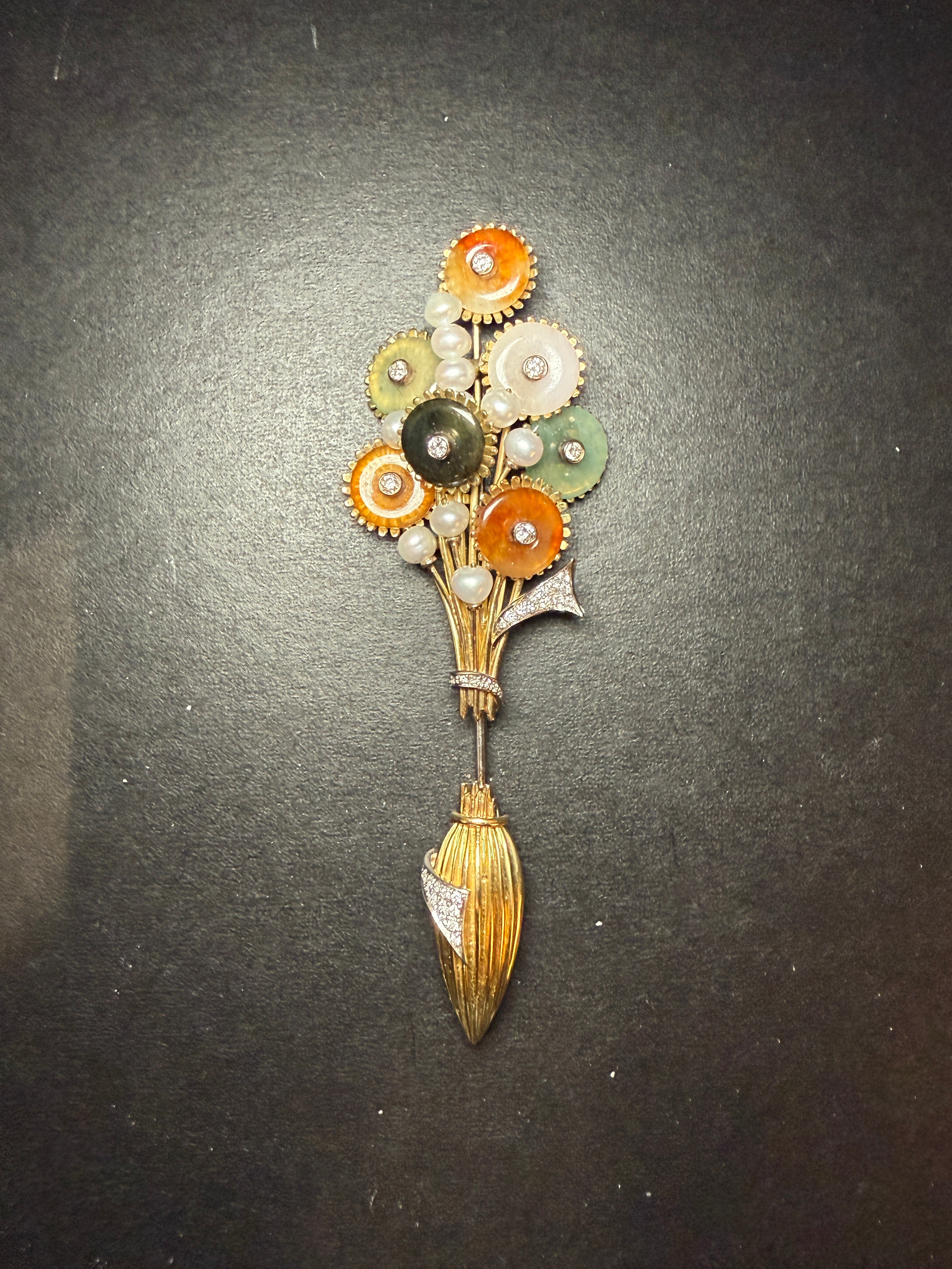 Antique Floral Brooch – 25.5g, 18K Gold with Jade, Pearls and Diamonds