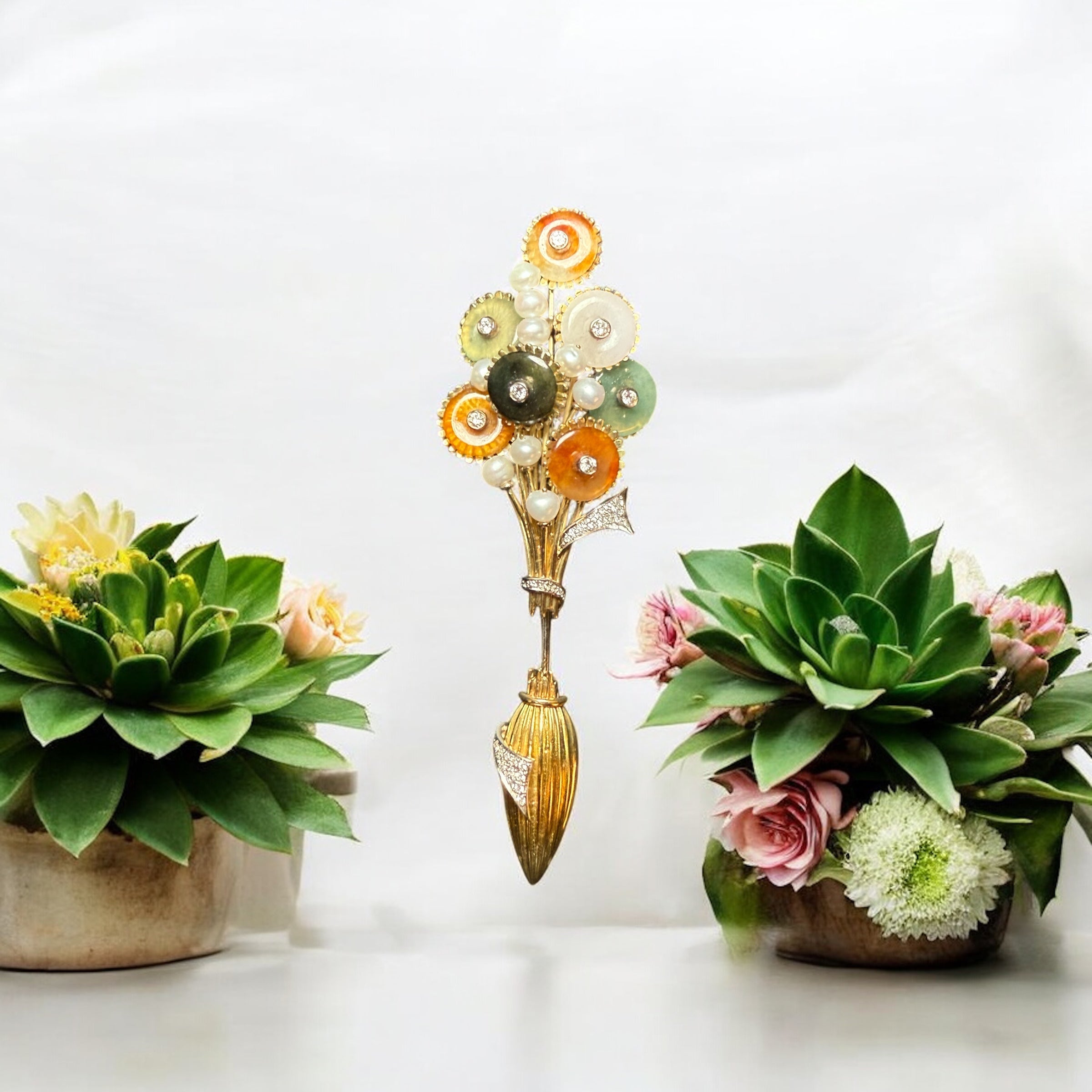 Antique Floral Brooch – 25.5g, 18K Gold with Jade, Pearls and Diamonds